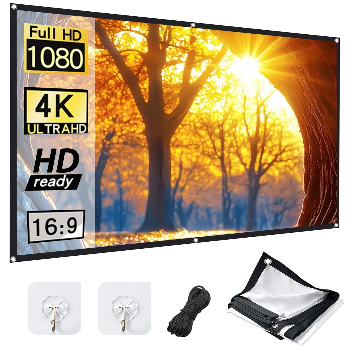 Ekran do rzutnika 254 cm (100"), 16:9 HD, ekran do rzutnika, przenośny, składany, projektorowy, na zewnątrz, grubszy i odporny na zagniecenia, do biura, szkoły, kina domowego, spotkań, kempingu
