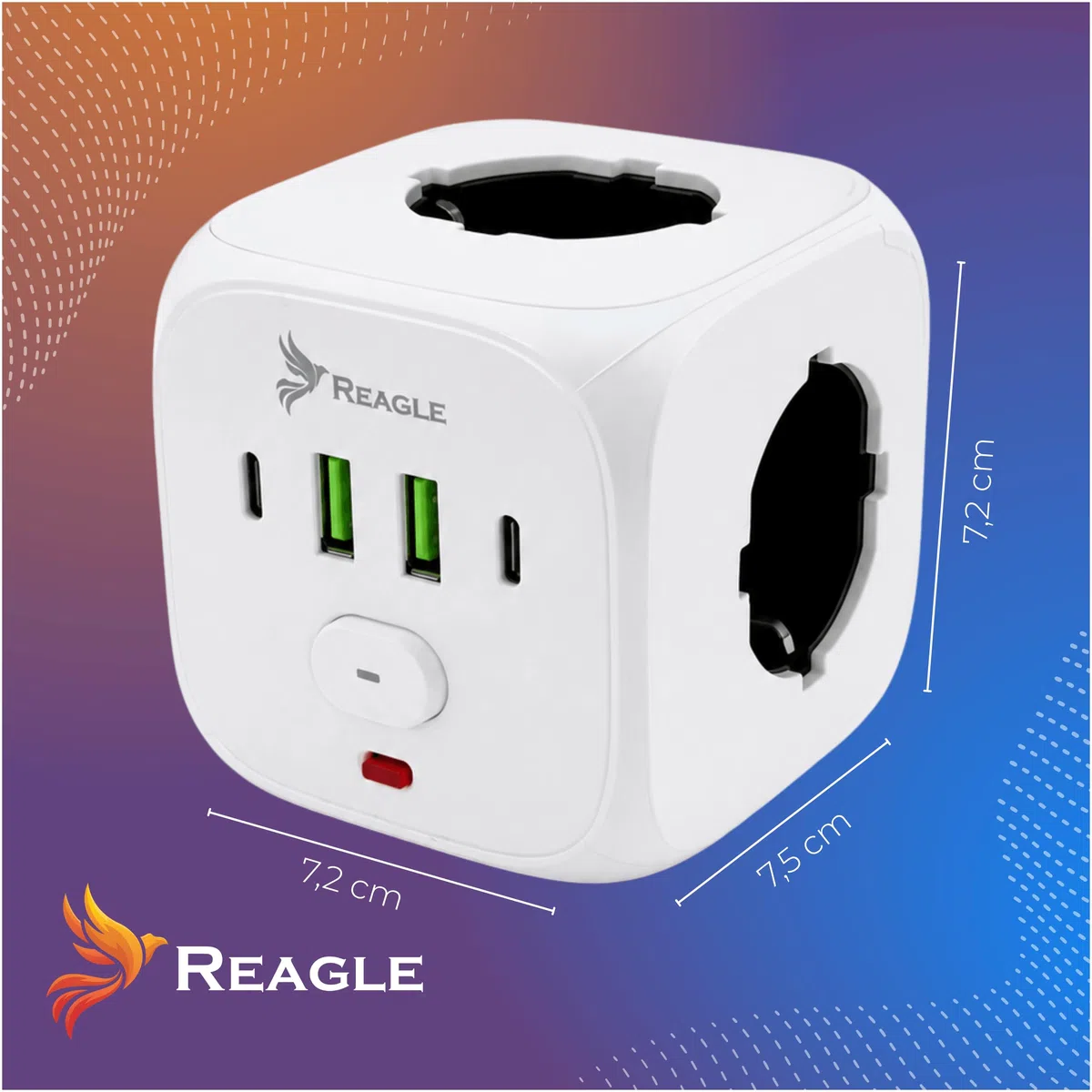 Reagle Kostka Zasilająca Bez Kabla 3 Gniazda 230V, Rozgałęźnik Do Gniazdka z USB 2x USB A 2x USB C, Listwa Zasilająca Cube, Włącznik ON OFF, 2500W, Do Domu Biura Podróży, Biała