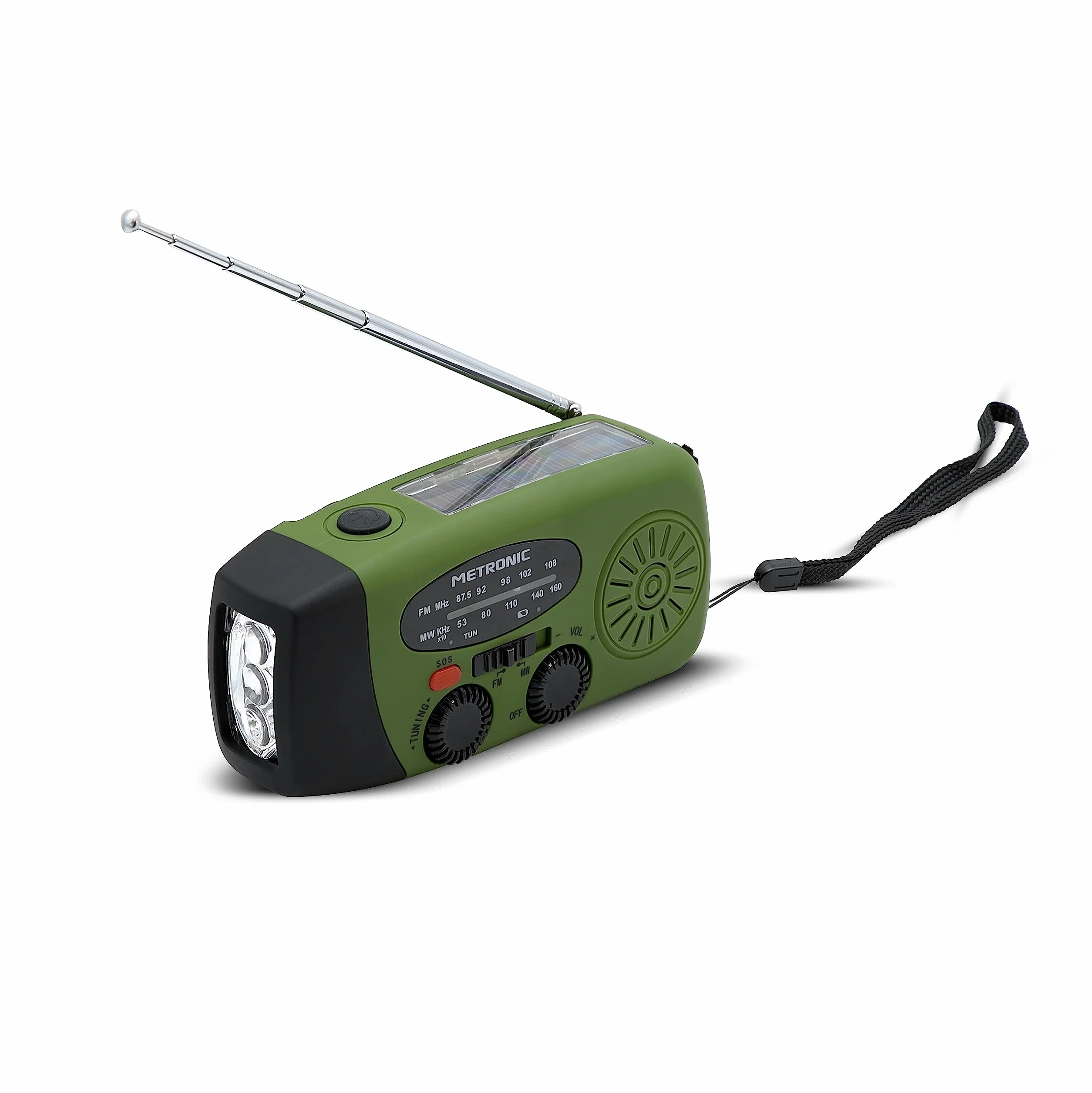 Metronic Radio FM Przenośne Solarne Ładowanie 2000mAh Dynamo - Stanowisko z przyciskiem SOS Awaryjne - Funkcja Latarki LED - Zielony i czarny - 477216