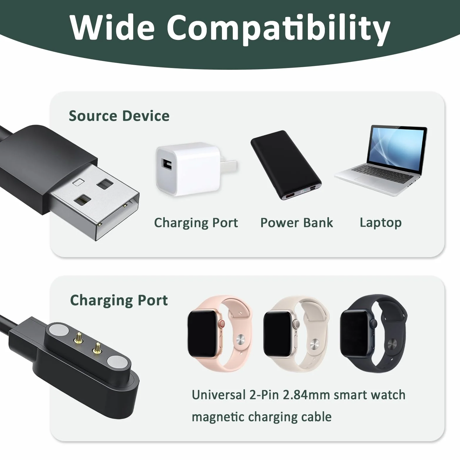 2 sztuki uniwersalnego kabla do smartwatcha, 2 piny, 5 V, uniwersalna magnetyczna ładowarka USB do inteligentnego zegarka, kompatybilny z magnesami o zasięgu 2,54-2,84 mm