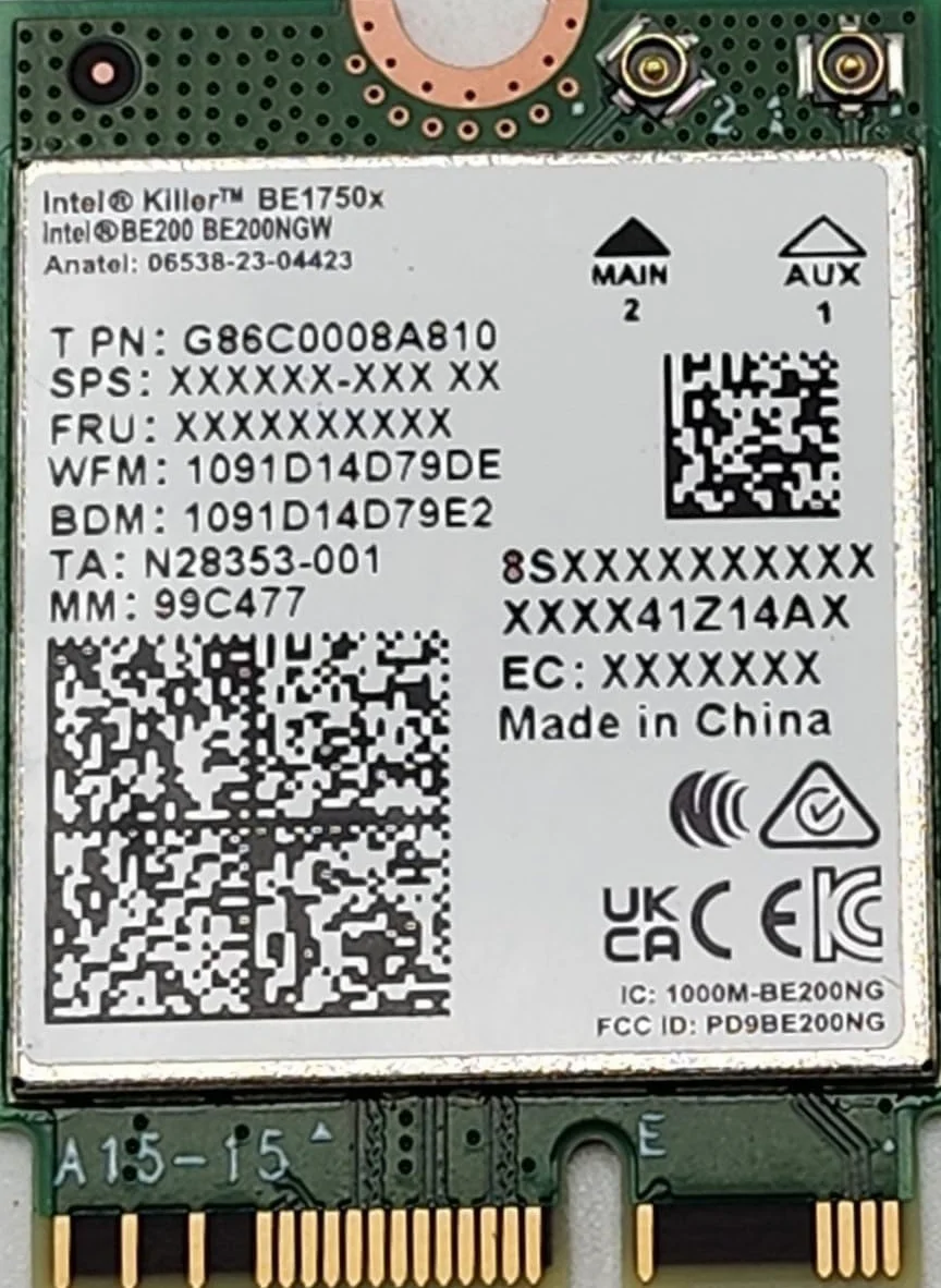 Intel Killer BE200 Wi-Fi 7 Card M.2 Key E Interface for Intel Processors