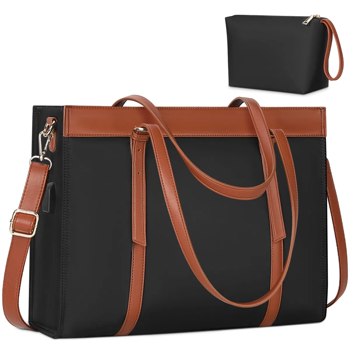 KTMOUW Shopper damska duża torba na laptopa o przekątnej ekranu 15,6", wodoszczelna, biznesowa, do szkoły, na laptopa, torba na ramię z przyłączem USB, czarny, Retro