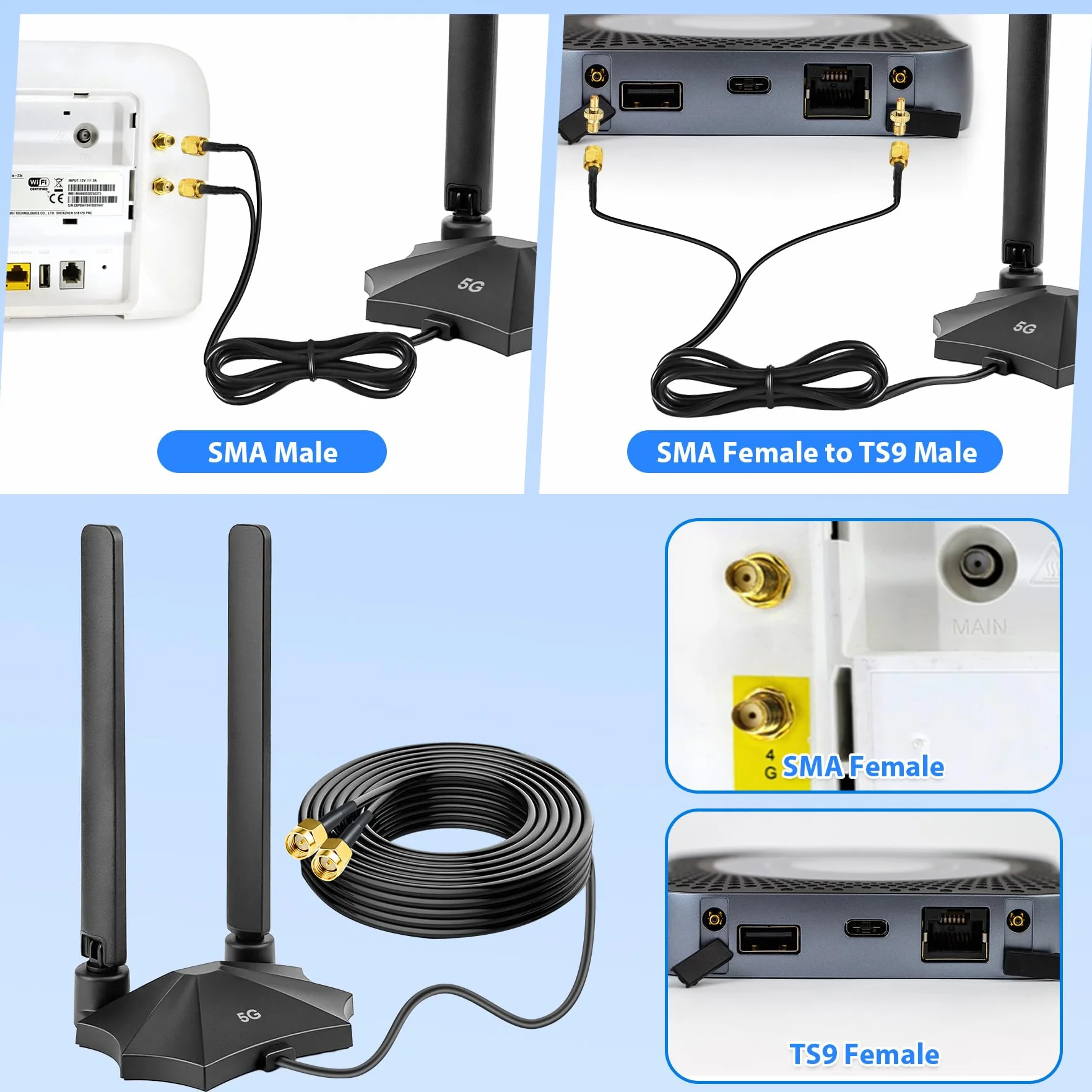 Wzmacniacz sygnału 5G LTE 4G 5dBi SMA TS9 antena zewnętrzna dookólna z podstawą magnetyczną kabel 2 m