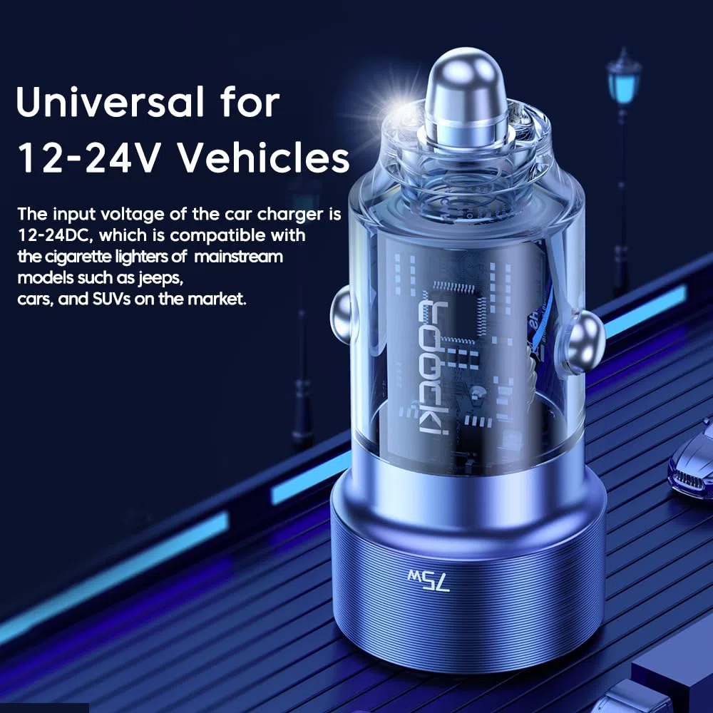 TOOCKI Podwójne gniazdo USB 75 W, 1 x USB-A i 1x USB-C PD 45 W, do gniazda samochodowego 12V/24 V, przezroczysta konstrukcja, chronione ładowanie, kompatybilne z iPhone, Samsung, iPad, MacBook,