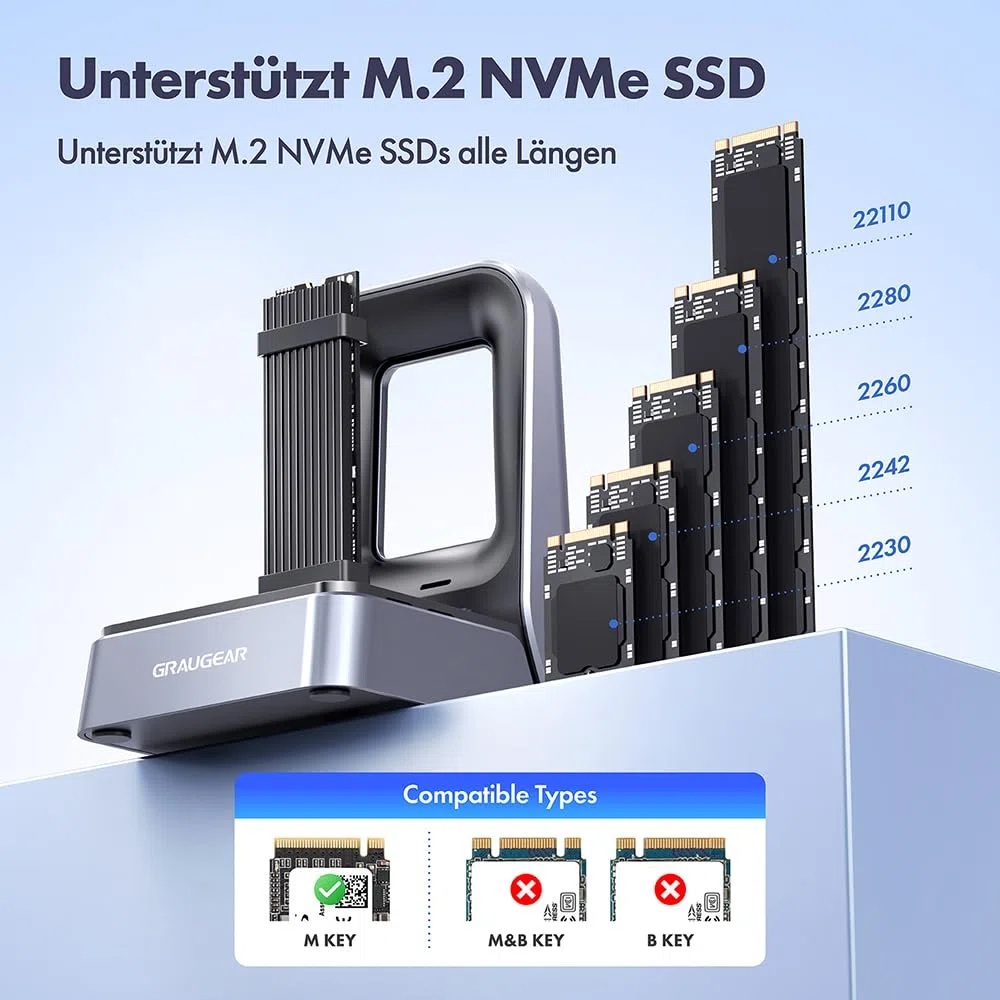 GRAUGEAR Stacja dokująca SSD 40 Gbit/s M2, USB4 NVME 40 Gbps, kompatybilna z Thunderbolt 4 do 3800 MB/s, do M.2 2230/2242/2260/2280/22110, chłodzenie, bez użycia narzędzi