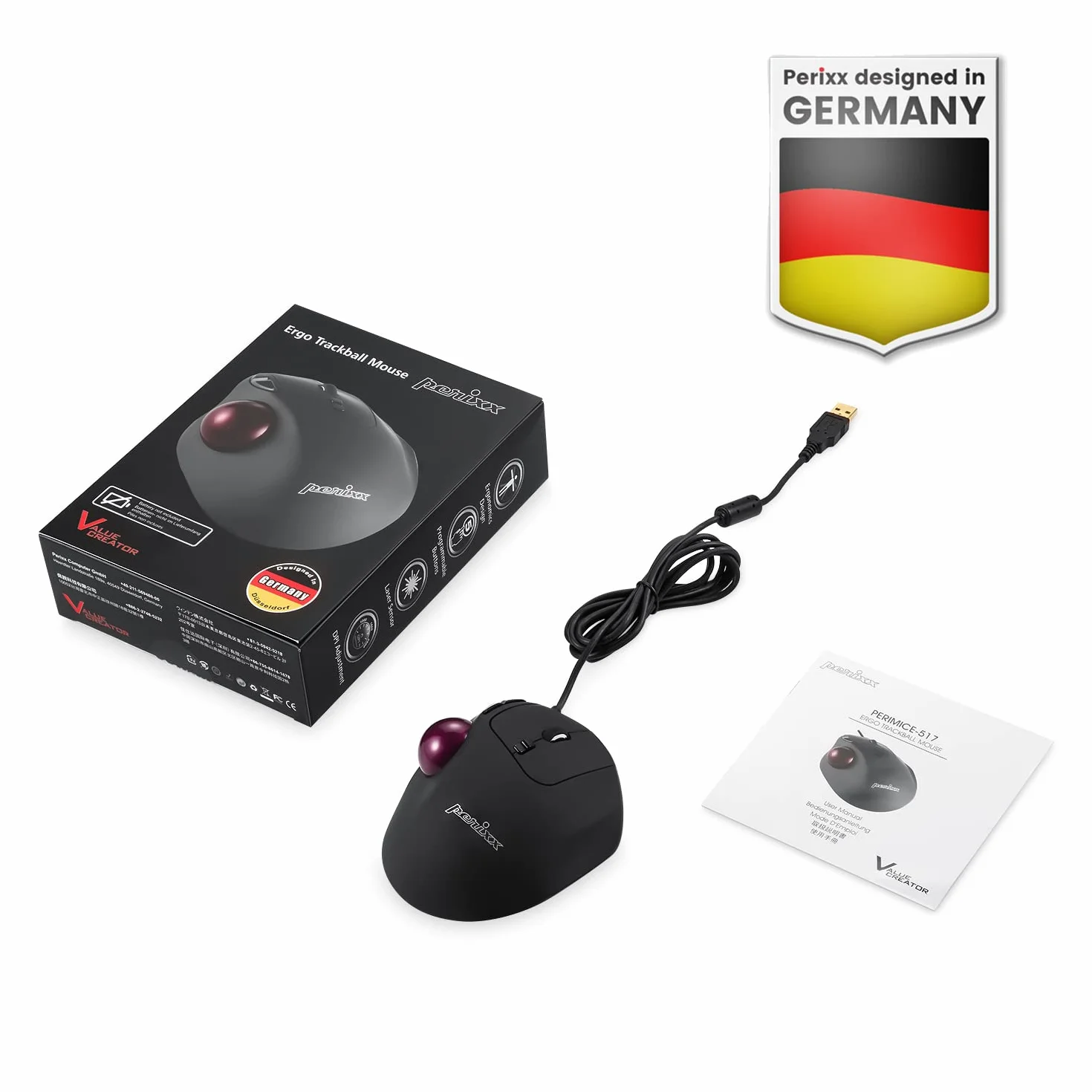 Perixx PERIMICE-517 ergonomiczna przewodowa mysz USB Trackball 34mm 7 przycisków 400/1000 DPI