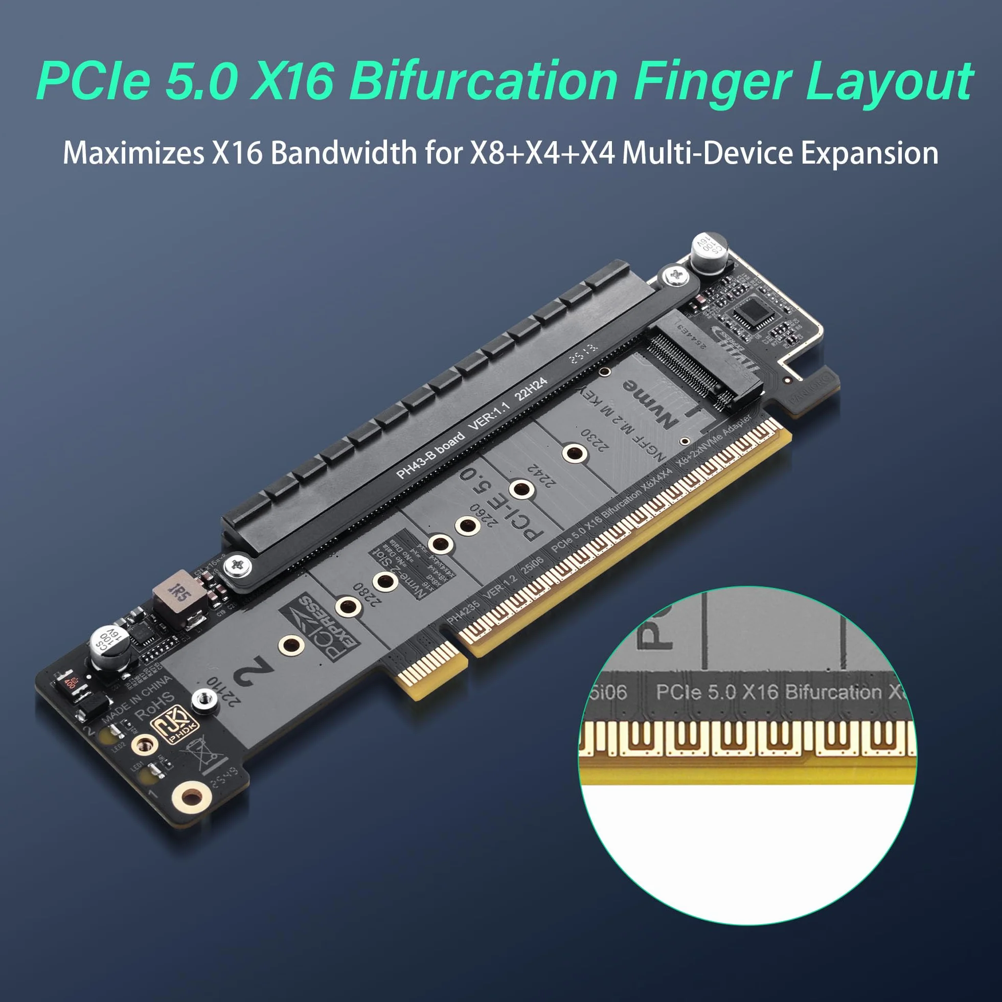 SinLoon PCIe 5.0 X16 karta rozszerzająca, karta PCIe Bifurcation Riser, dzieli slot X16 na X8+X4+X4, obsługuje NVMe M.2 SSD i Low-Profile GPU, kompatybilna z dyskami 22110/2280, z diodami LED do C