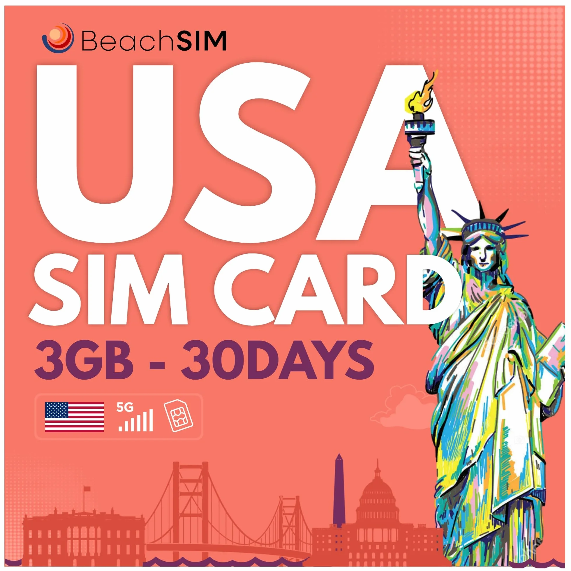 Karta SIM USA na 30 dni. 3GB danych przy prędkościach 4G/5G. Karta SIM tylko do transmisji danych. Szybka aktywacja. Łatwe doładowanie. Działa na urządzeniach z systemem iOS i Android.