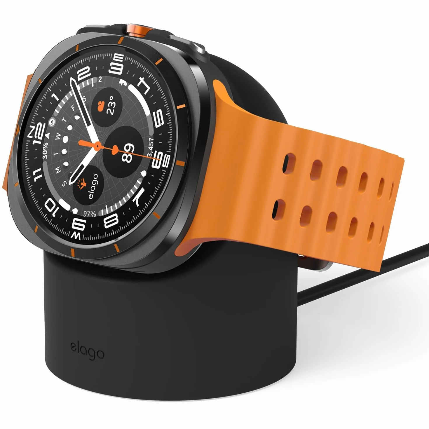 Elago Stojak na ładowarkę do Samsung Galaxy Watch 7/7 Ultra, 6/6 Classic, 5/5 Pro [40/43/44/45/47mm], tryb szafki nocnej, zarządzanie kablami (kabel do ładowania nie wchodzi w zakres dostawy), czarny