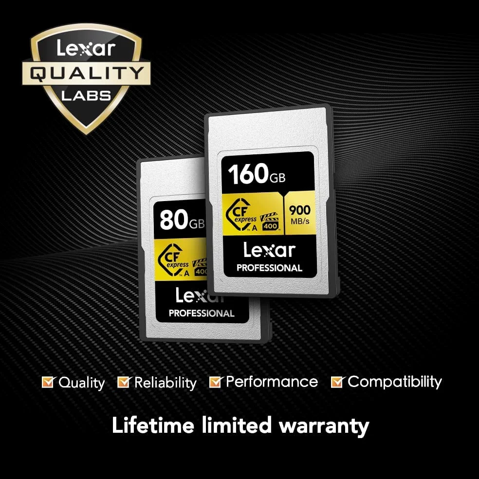 Lexar Profesjonalna karta pamięci 160 GB CFexpress typu A, odczyt do 900 MB/s, wideo 8K jakości kinowej, ocena VPG 400 (LCAGOLD160G-RNENG)