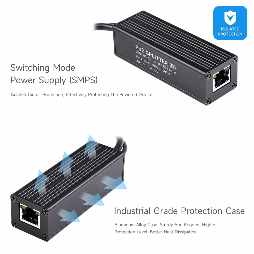 Waveshare Industrial Gigabit PoE Splitter, 5V 5A Type-C Output Port, Onboard MPS Control Chip