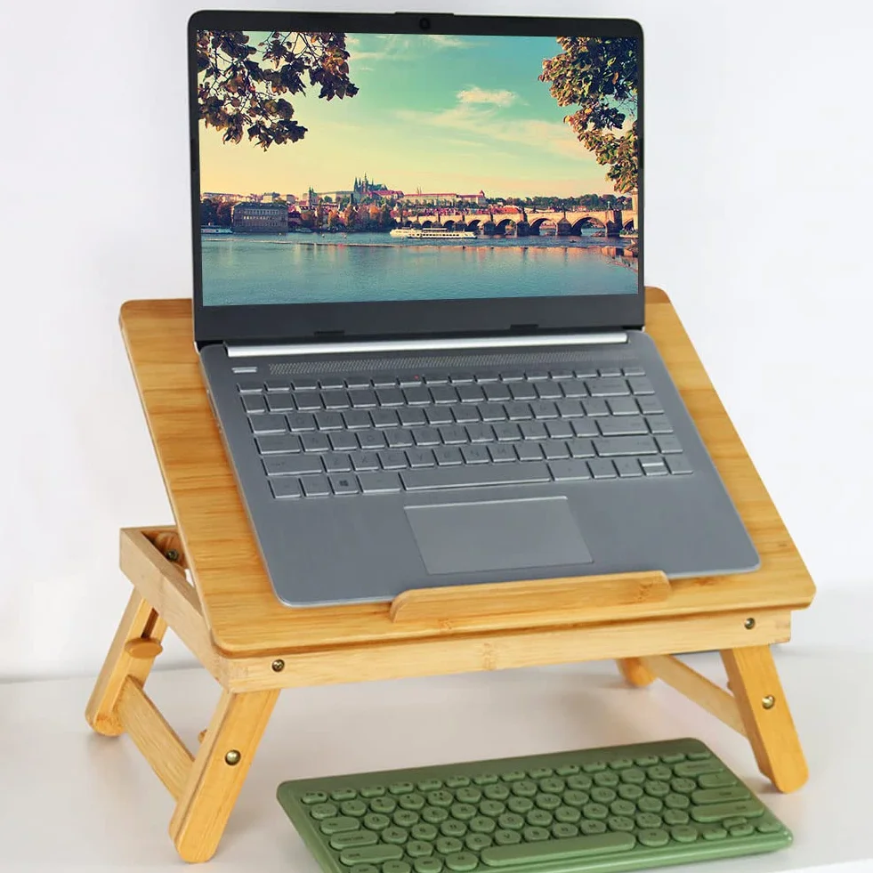 WKWKER Bambusowe biurko na laptopa składane regulowane stojak naturalny
