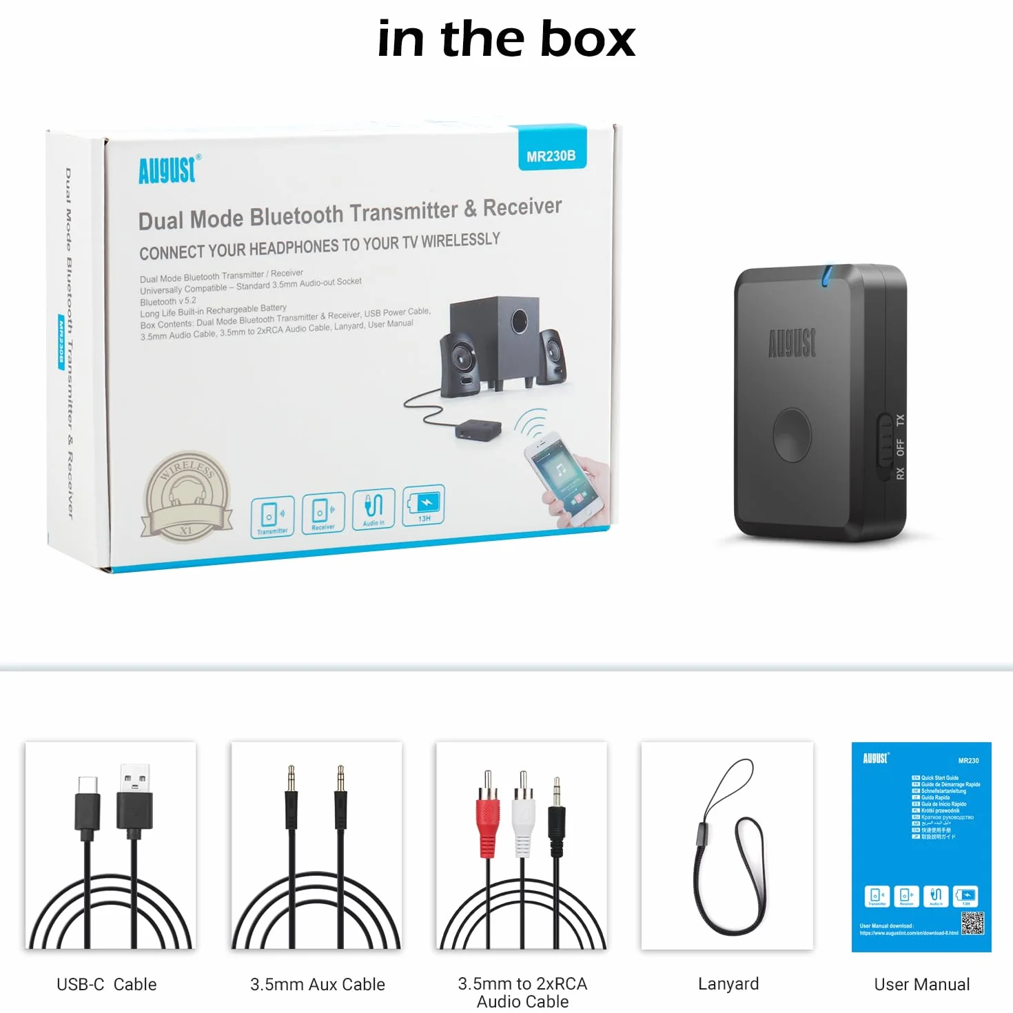 Adapter Bluetooth AUX, Nadajnik i odbiornik–August MR230–Dwutrybowy adapter bezprzewodowy do słuchawek, telewizora i samochodowego zestawu,Bluetooth 5.2 i USB-C, na baterii do 10 godzin–czarny