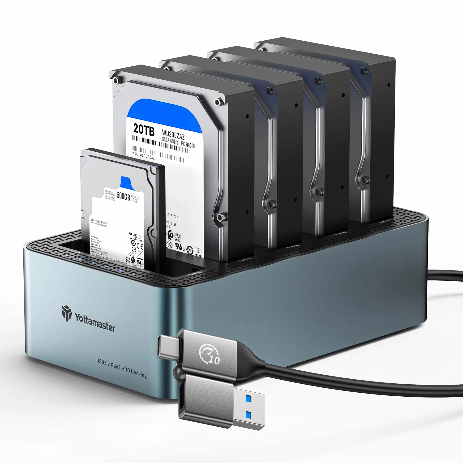 Yottamaster 5 Bay Aluminiowa stacja dokująca do 2,5/3,5 cala SATA SSD HDD USB 3.2 Gen1 12V 6.5A obsługa 18 TB