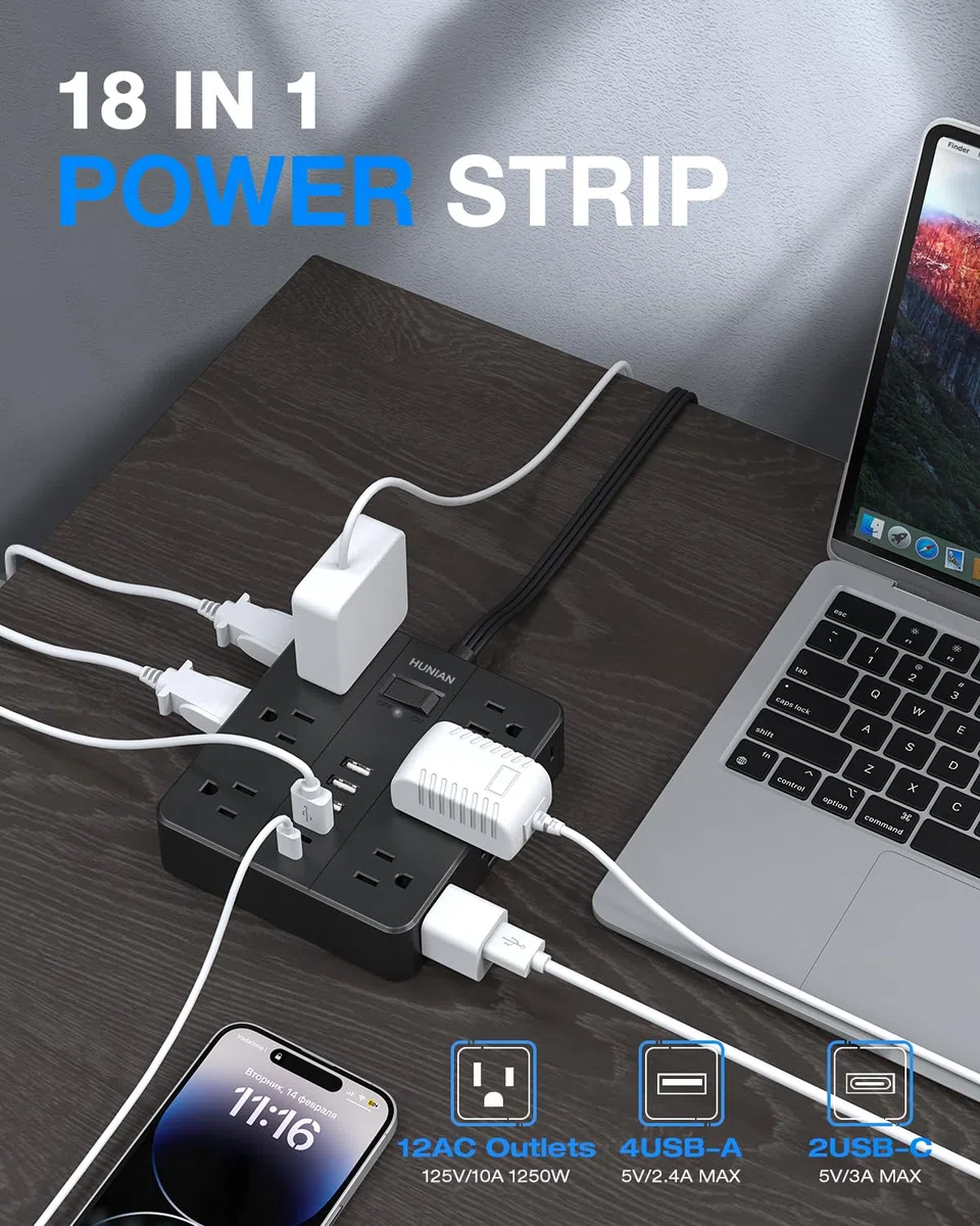 HUNIAN - Ochrona przeciwprzepięciowa z płaską wtyczką, przedłużacz 5 stóp z 12 rozstawionymi gniazdami wielokrotnymi, 6 ładowarkami USB (2 porty USB C), komputerowa stacja ładująca dla