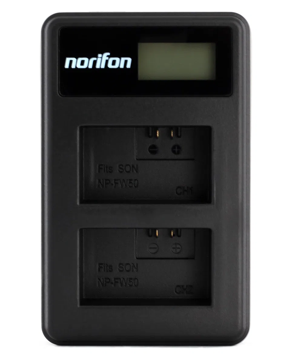 Norifon NP-FW50 Dwukanałowa LCD USB Ładowarka do Sony Alpha 6000,5000 | Kompatybilny z Sony Alpha 5100, ILCE-6000, ILCE-7, NEX-5T, NEX-6, NEX-5R, NEX-7, NEX-5, NEX-3, NEX-C3, SLT-A37 Aparaty