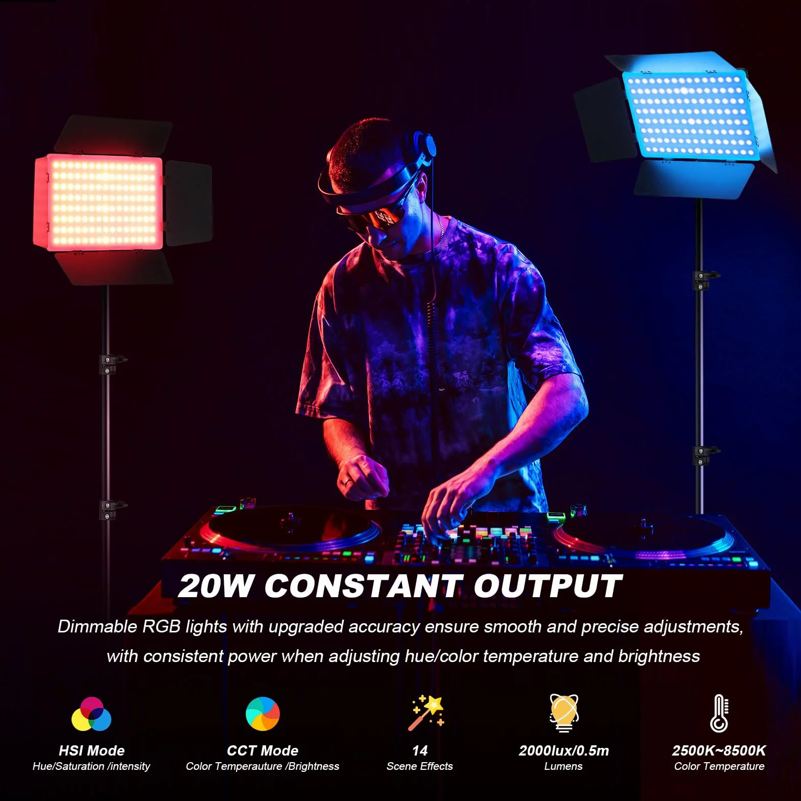 Soonpho Zestaw 2 paneli świetlnych RGB LED z drzwiami do stodoły 2500-8500 K, ściemniane, 20 W, oświetlenie studyjne, ze statywem 1,6 m i uchwytem na telefon komórkowy do transmisji wideo YouTube na