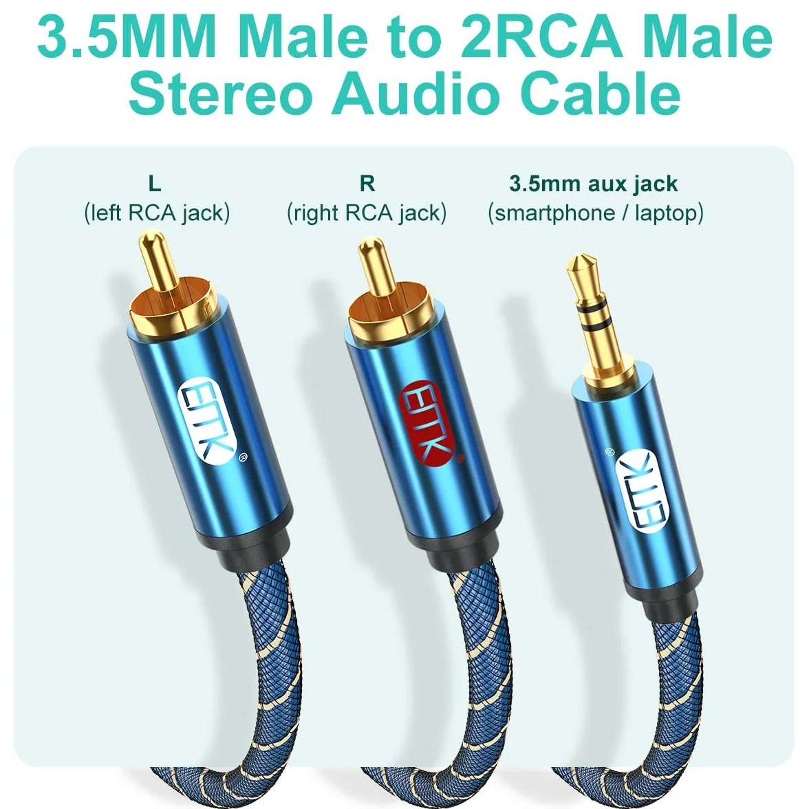 EMK Kabel 2RCA Y 3,5 mm do 2 RCA Audio Kabel Aux Nylon Pleciony męski do 2rca Kabel łączy smartfon, Luidsprekers, gramofon, TV (Straight Aux-3 m)