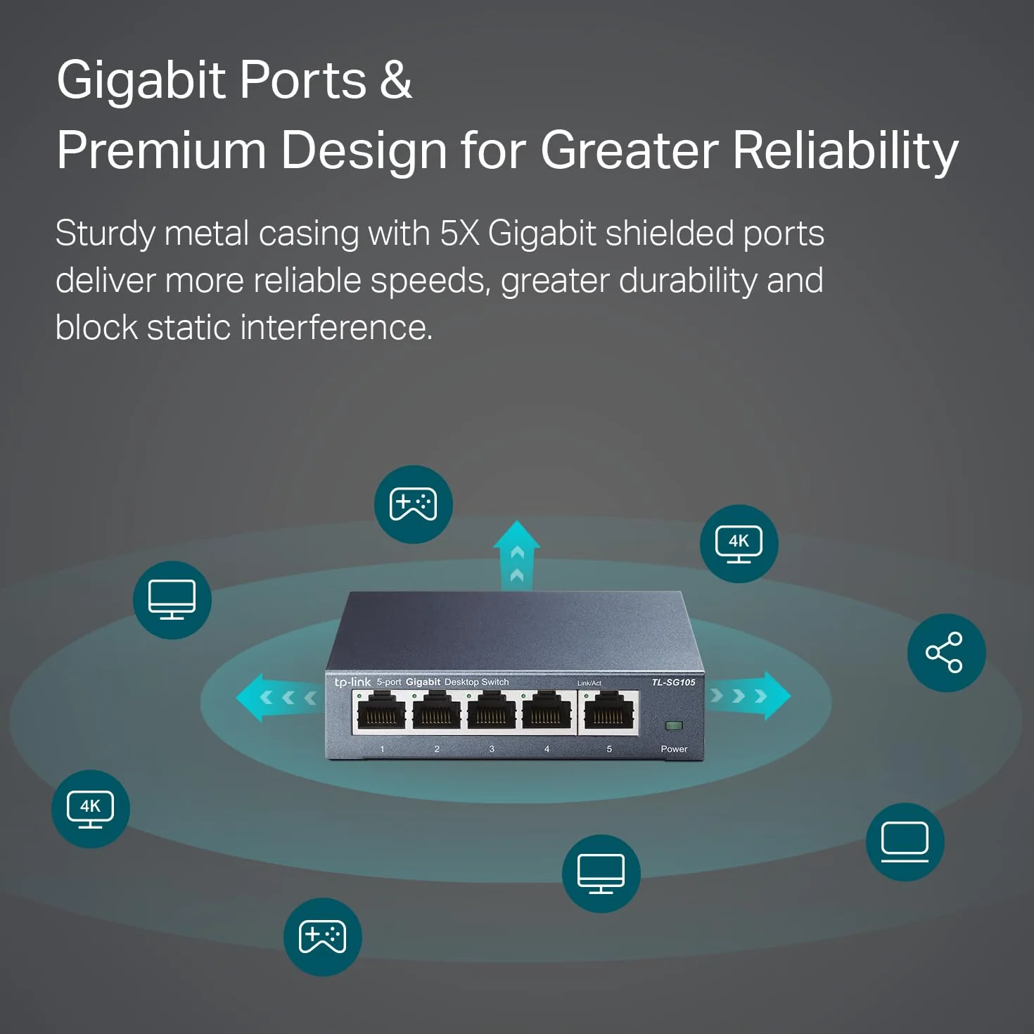 TP-Link TL-SG105 – 5-portowy gigabitowy przełącznik sieciowy, metalowa obudowa, Plug & Play, bez wentylatora – do sieci domowej i biurowej