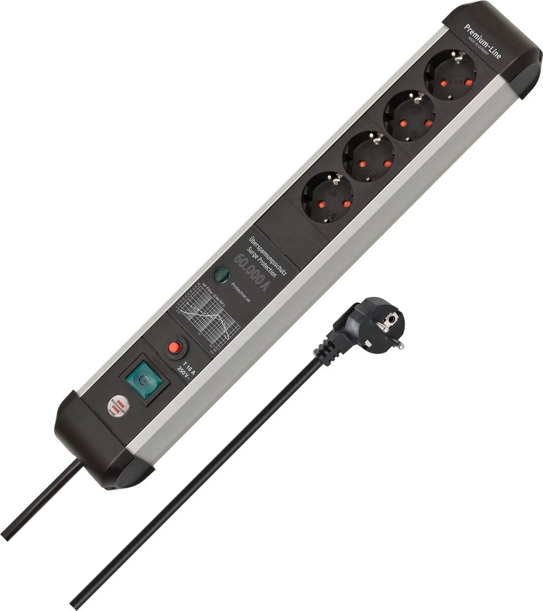 Brennenstuhl Premium Protect-Line listwa zasilająca z 4 gniazdami z ochroną przed przepięciem 60 000 A (gniazdko wielokrotne z przełącznikiem i kablem 3 m, Made in Germany), srebrna/czarna