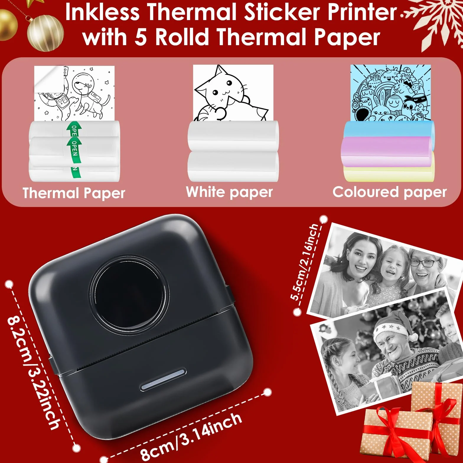 GuKKK Mini drukarka, mobilna drukarka fotograficzna, przenośna, bezprzewodowa drukarka termiczna, 13 rolek papieru do drukarki i 5 kredek, pomoc w nauce, notatek, notatek, listy