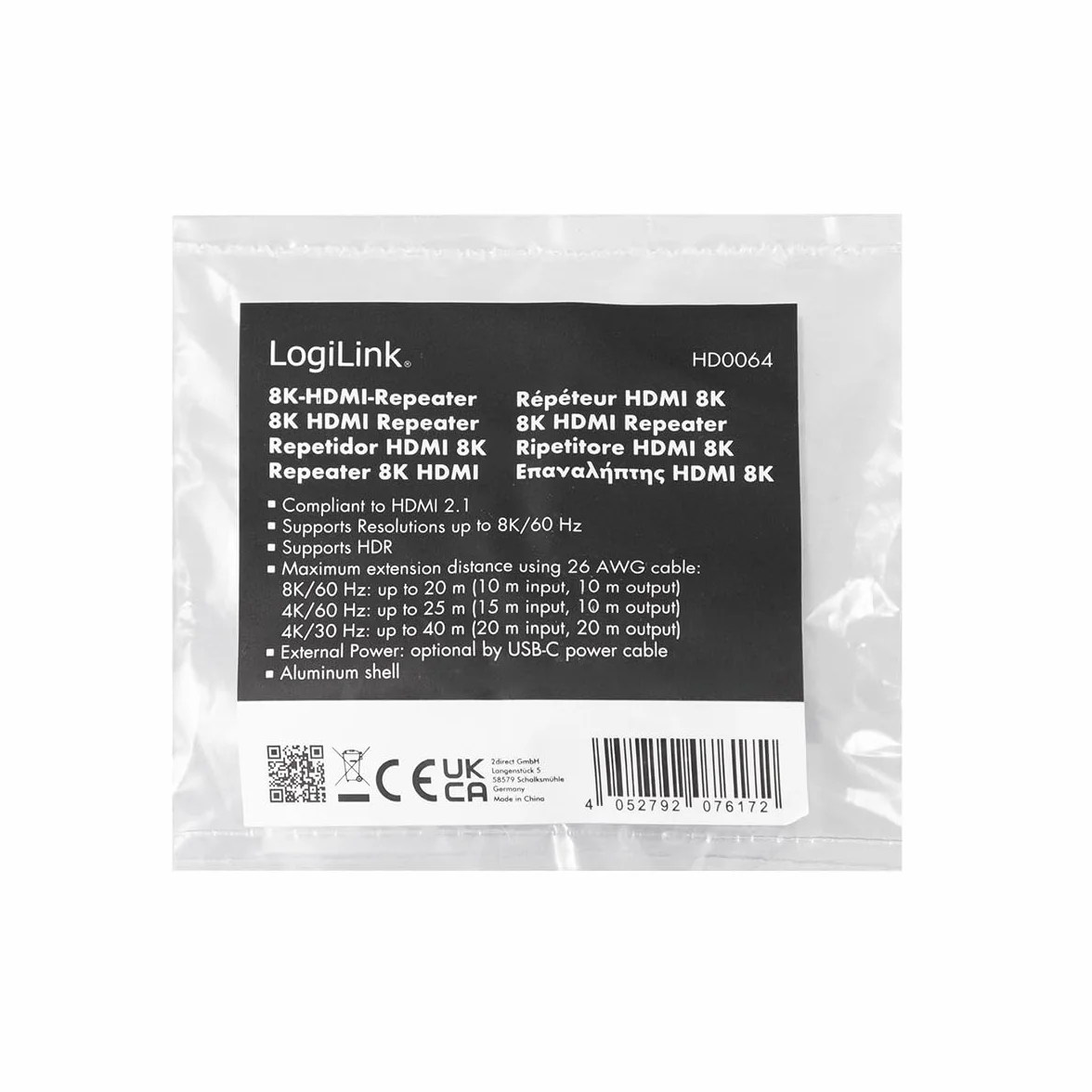 LogiLink HD0064 - wzmacniacz HDMI do 20 m w Ultra HD 8K/60 Hz, HDCP 2.3