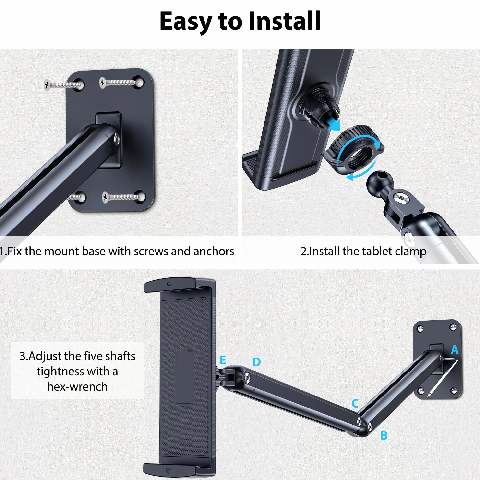 CreaDream Uchwyt ścienny do iPada, aluminiowe regulowane i wysuwane ramię uchwytu, pasuje do tabletów 11.9-33.0 cm, telefonów, Kindle Fire HD, Galaxy Tab