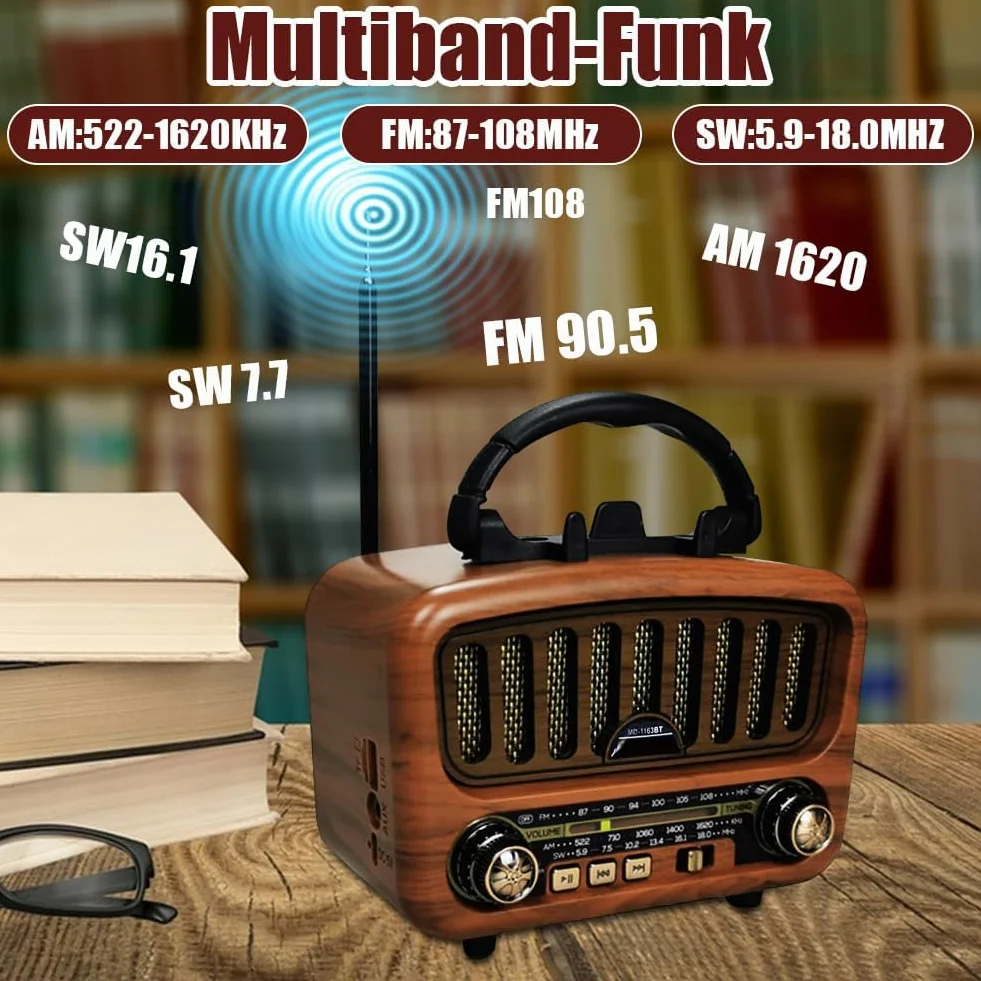 Radio AM/FM/SW retro z Bluetooth 5.0, nostalgiczne radio małe, z akumulatorem 1800 mAh, radio kuchenne i radio walizkowe z głośnikiem 5 W, obsługuje USB/TF/AUX, radio vintage do domu, biura, na