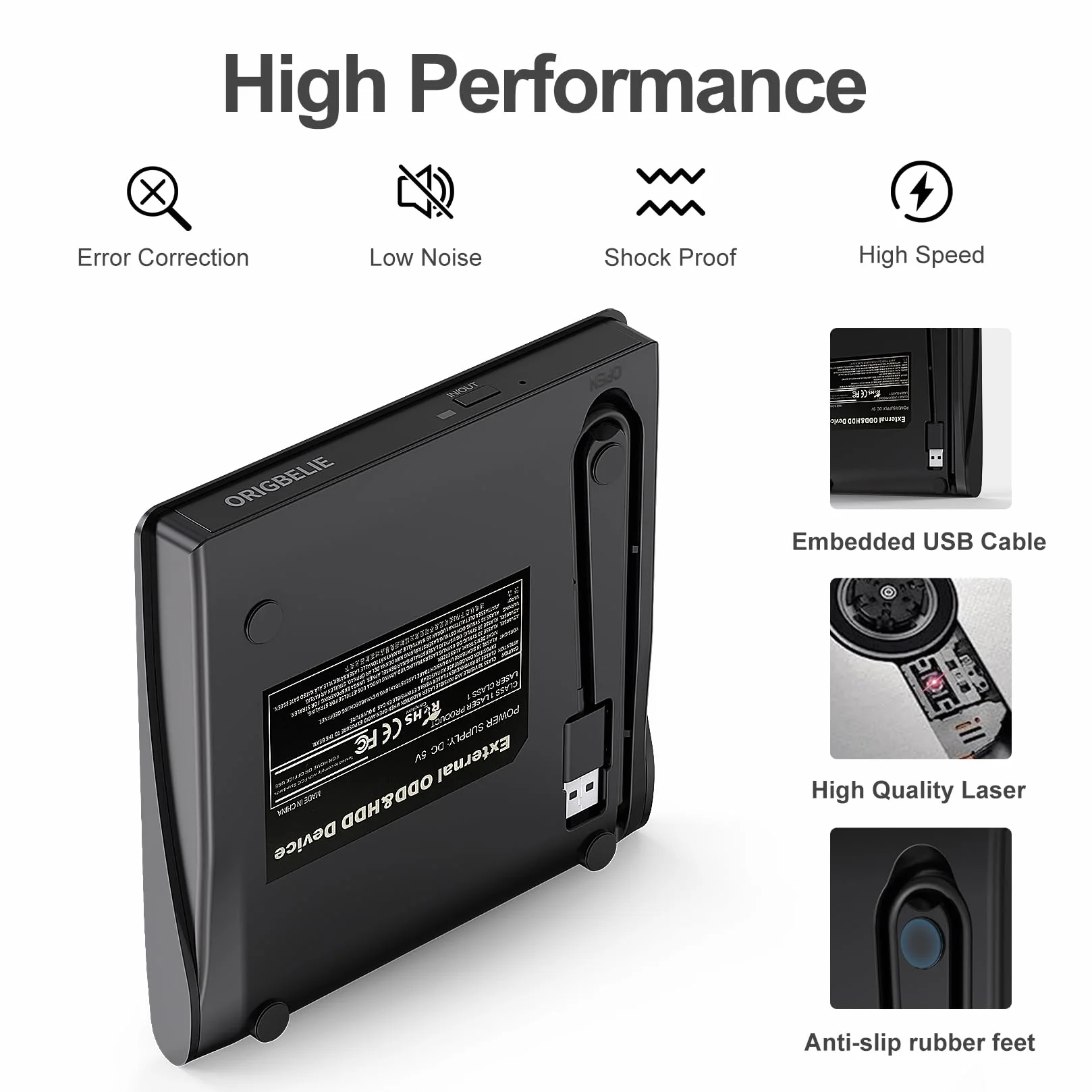 ORIGBELIE Zewnętrzny napęd CD/DVD dla laptopa, USB 3.0 nagrywarka CD +/-RW CD ROM Zewnętrzny napęd DVD Przenośny odtwarzacz DVD dla laptopa, komputera stacjonarnego PC Apple Mac Windows 11/10/8/7/XP