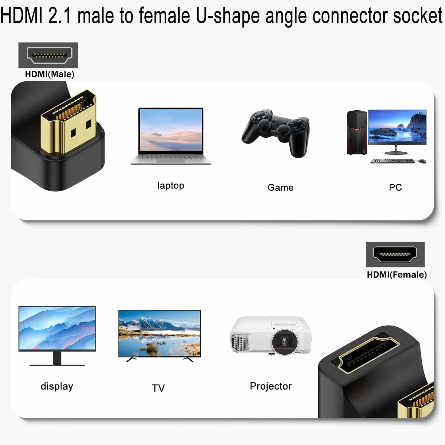 QIANRENON Adapter HDMI 2.1 w kształcie litery U Ultra HD 8K HDMI męski na żeński kąt 180° złącze złącza, 8K przy 60 Hz UHD2.1 3D, do monitora HDTV, projektora, laptopa, PC, 2 szt. (wsteczny)
