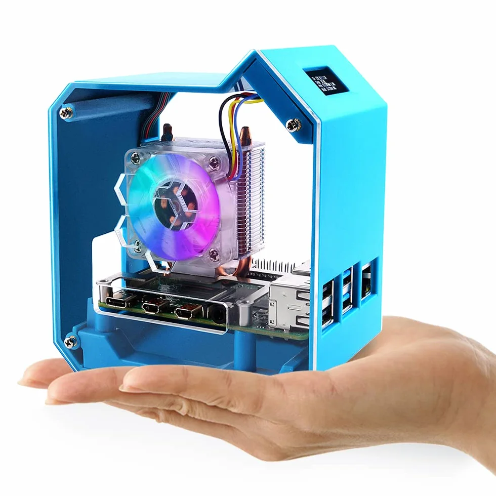 GeeekPi Raspberry Pi Mini Tower Kit z chłodnicą Ice Tower, wyświetlacz OLED 0,96", wentylatorem RGB i kartą rozszerzeń GPIO do Raspberry Pi 4, model B