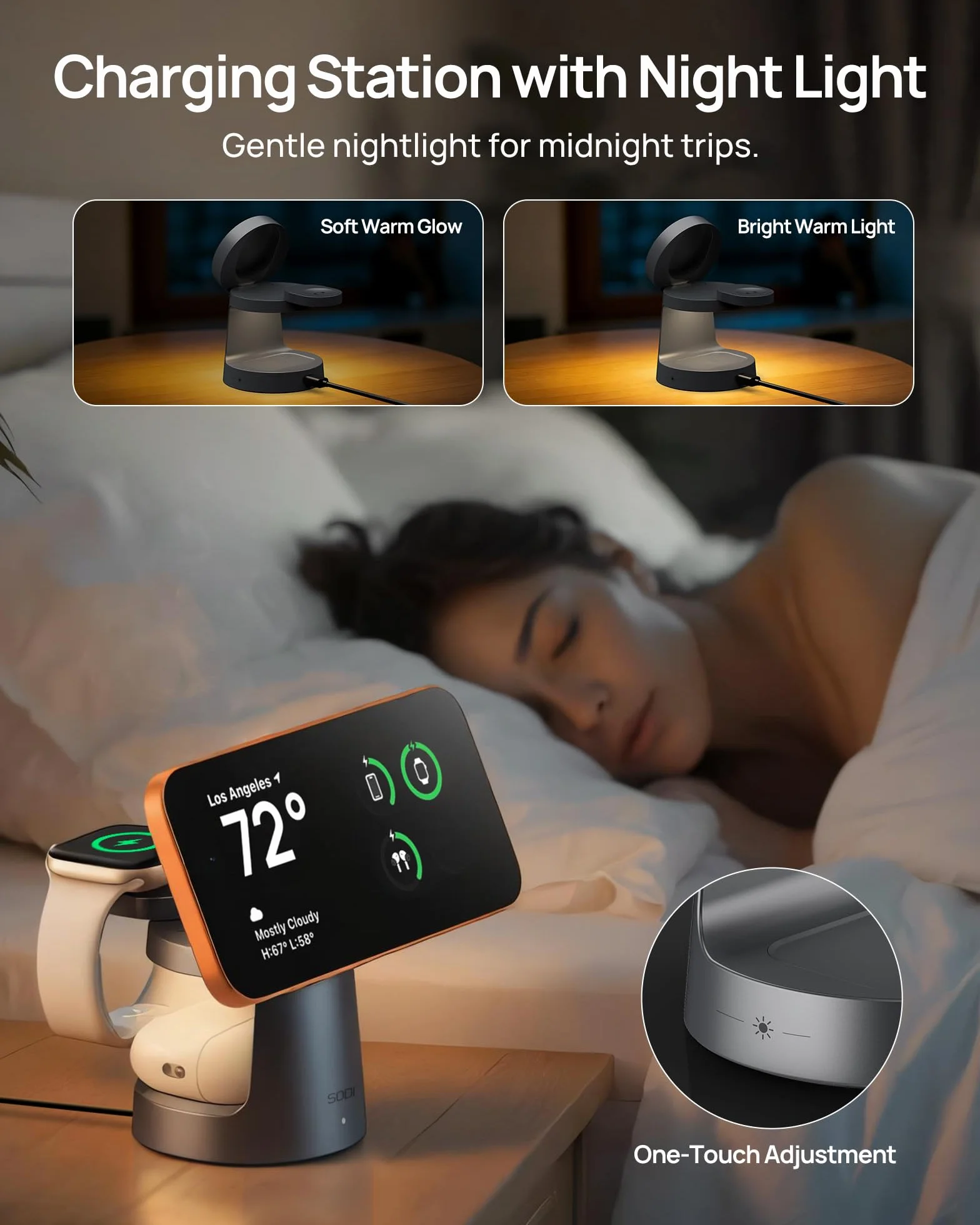 SODI UltraCharge Stacja Ładowania 3 w 1 z Qi2.2, Magnetyczna Ładowarka Bezprzewodowa 25W z Lampką Nocną do Phone 17/16/15/14/13/12, Smartwatch i Słuchawek (Zasilacz 45W w Zestawie)