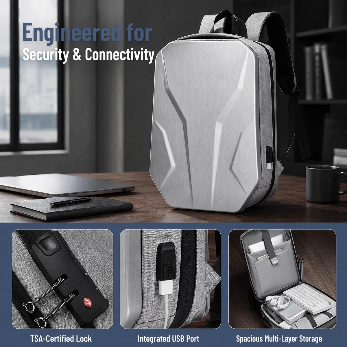 16-calowa twarda powłoka antykradzieżowa plecaka na laptop Wodoodporny PC Nylon Gaming Business Daypack,Grey