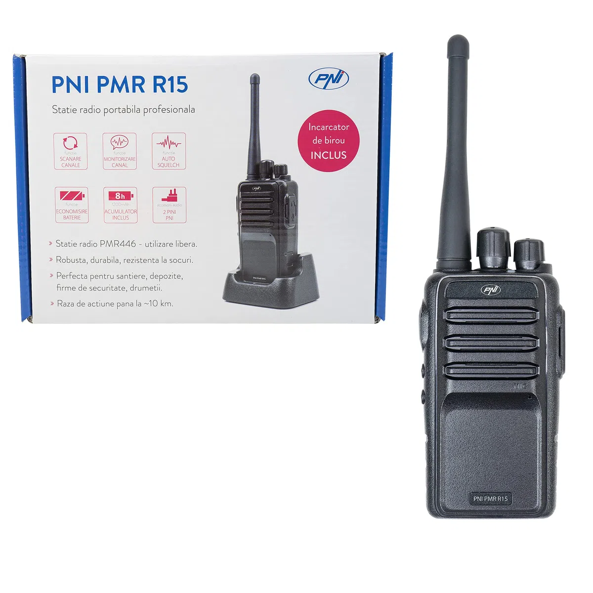 Profesjonalna radiostacja przenośna PNI PMR R15 0,5W, ASQ, TOT, monitor, programowalna, bateria 1200mAh