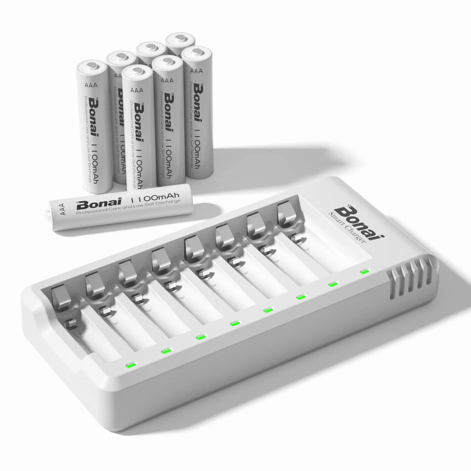 BONAI Akumulatory AAA i 8-gniazdowa ładowarka z kablem USB – Zestaw