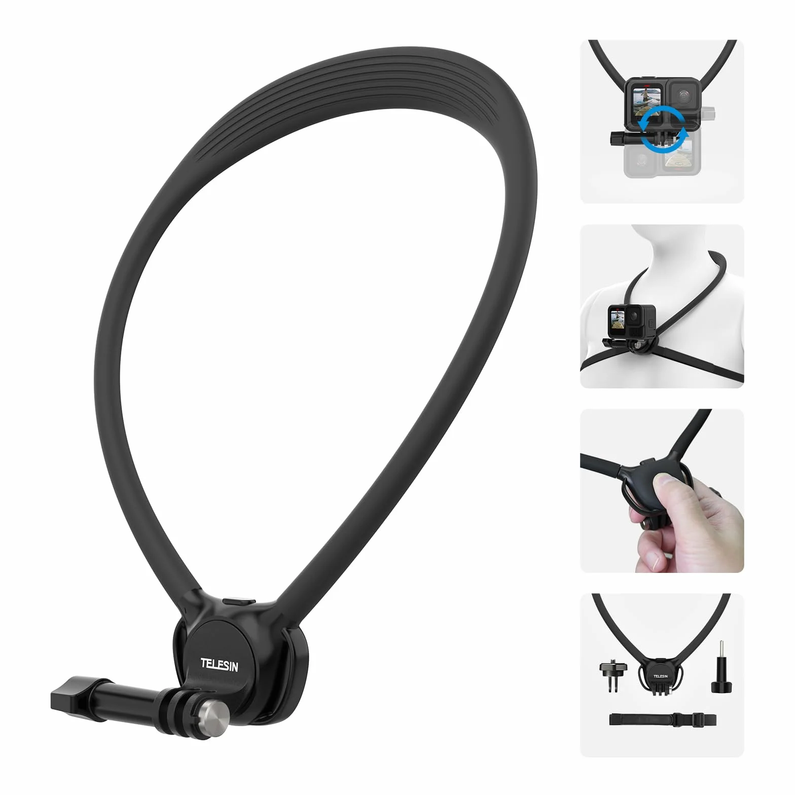 TELESIN Uchwyt na szyję SE 2.0 do GoPro, DJI Action 6/5/4 Osmo Nano/Pocket, Insta360, uchwyt na szyję POV z paskiem na klatkę piersiową, elastyczne akcesoria do kamer akcji głośnomówiących do podróży