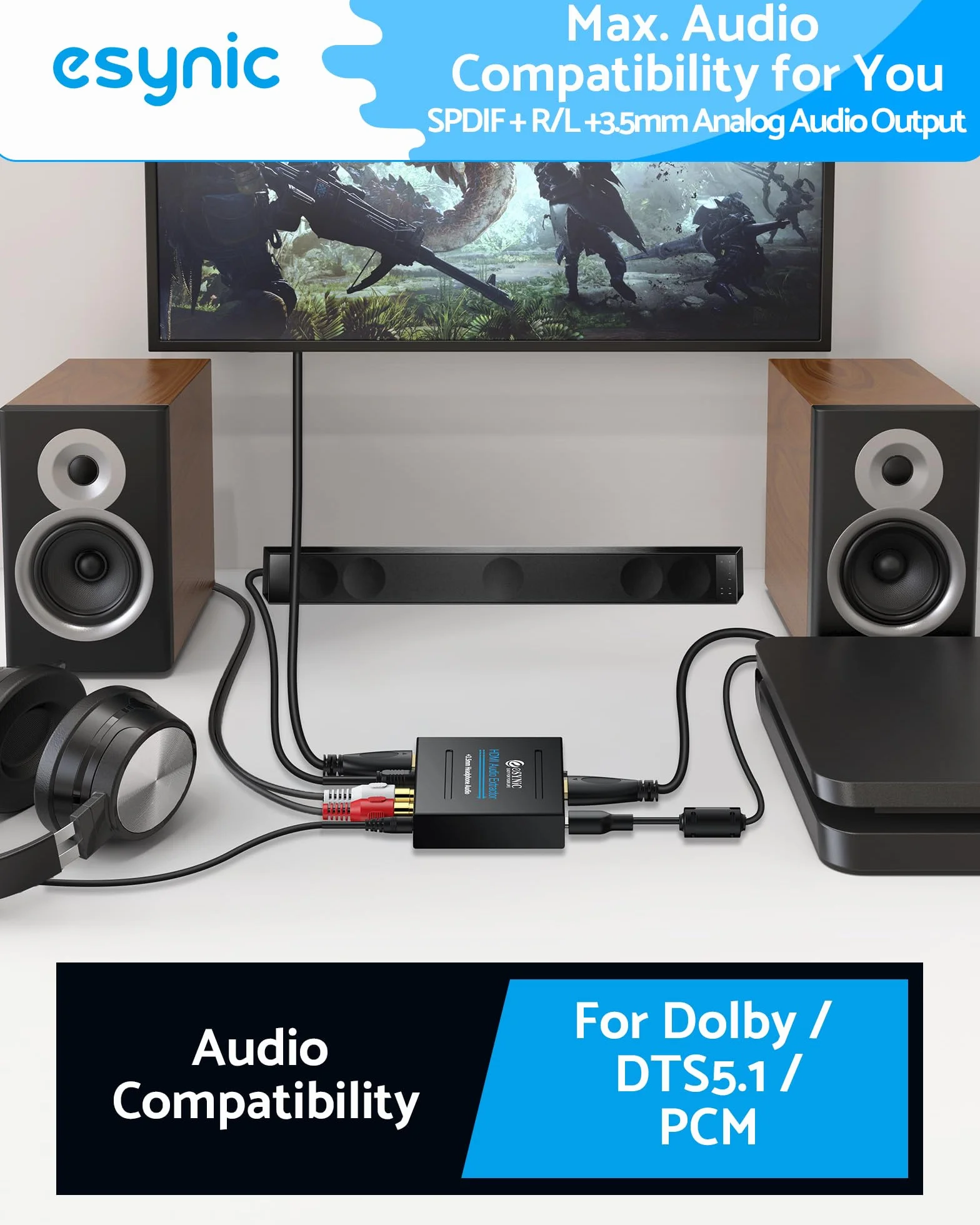 eSynic Profesjonalny ekstraktor HDMI audio, adapter optyczny 4K HDMI, rozdzielacz audio z SPDIF, L/R i wyjściem 3,5 mm do PCM2.0, Dolby, DTS5.1