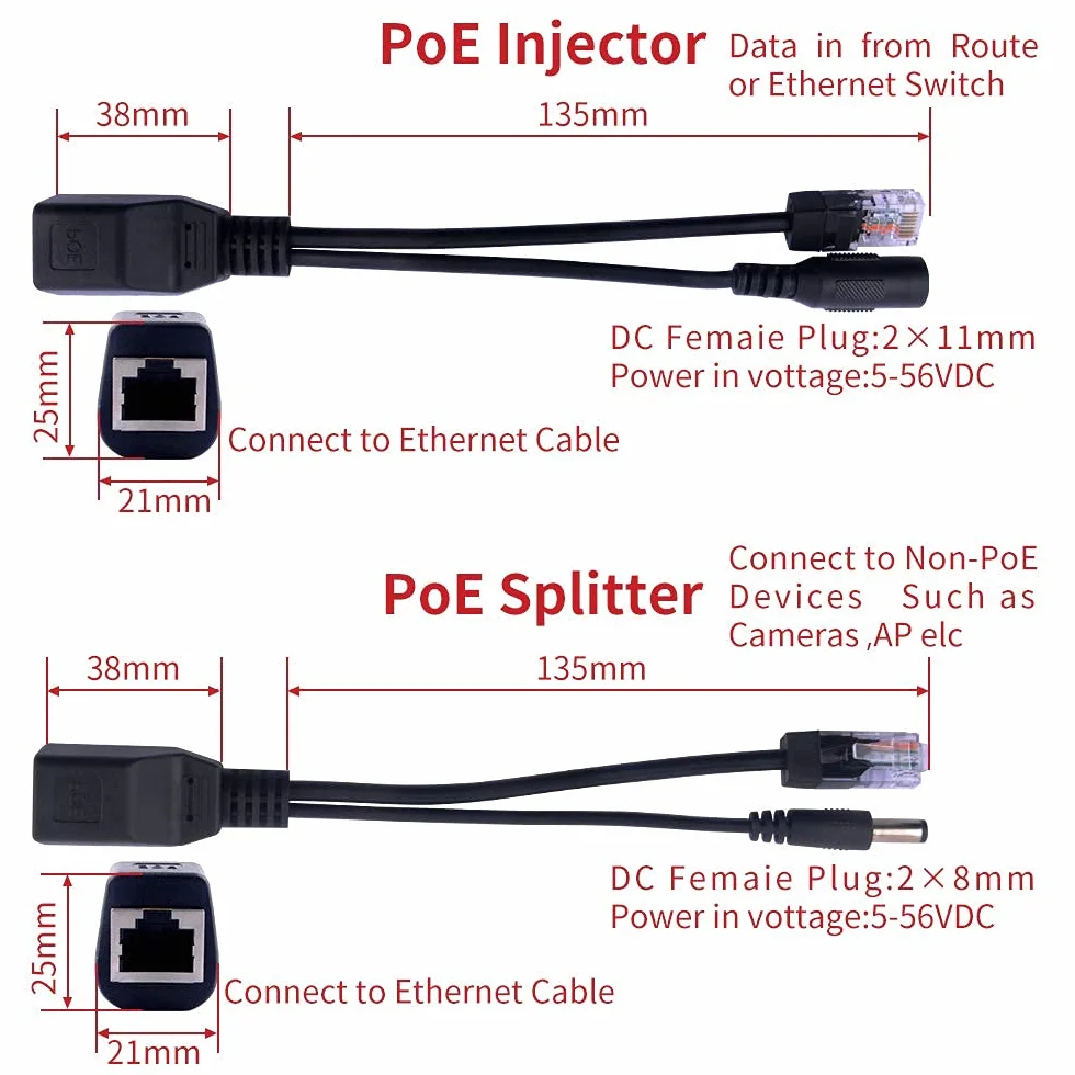 GeeekPi 1 para pasywnego zasilania przez Ethernet RJ45 PoE adapter wtryskiwacz + zestaw kabli rozdzielacza ze złączem zasilacza DC 2,1 x 5,5 mm