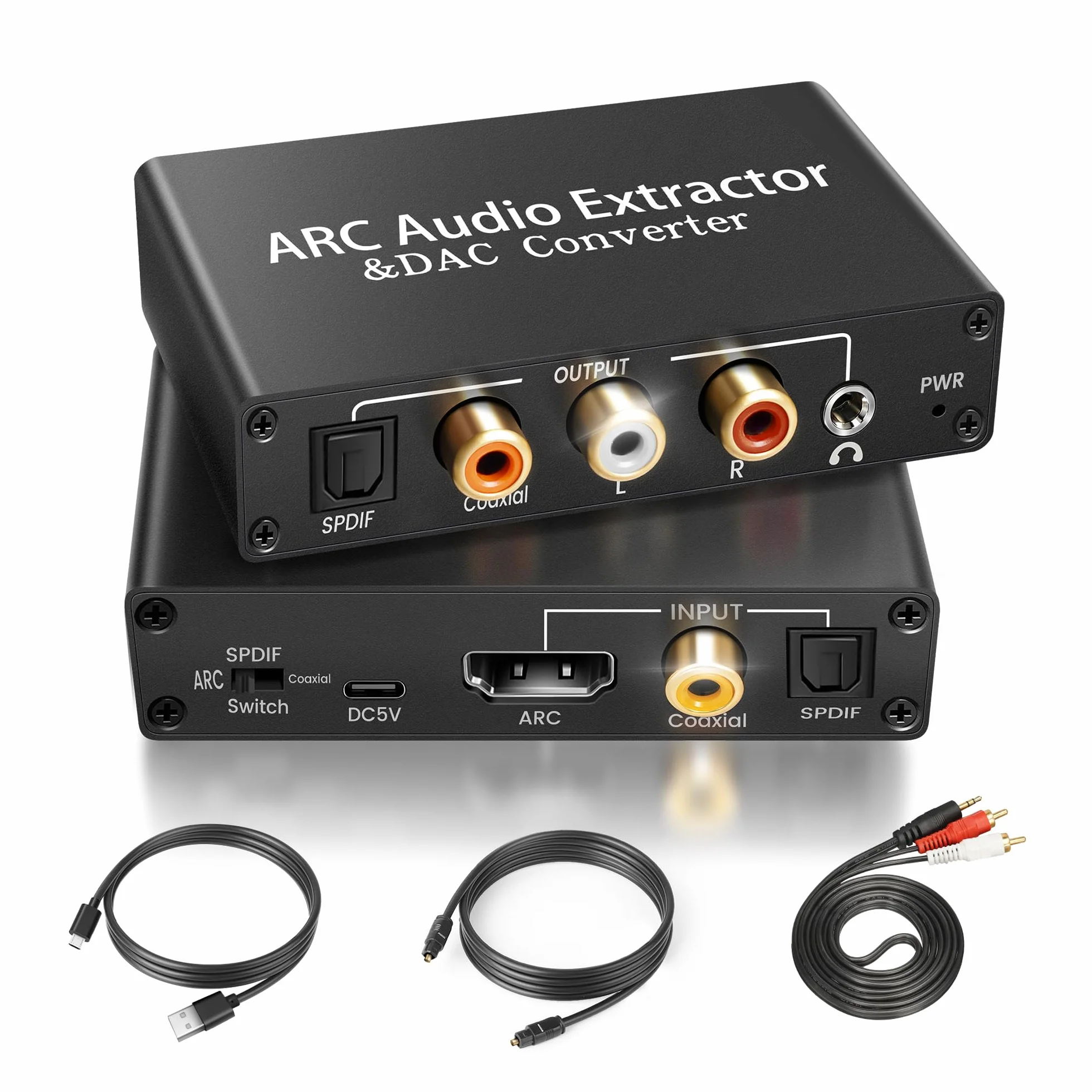 HDMI ARC Audio Extractor DAC konwerter audio, 192 kHz konwerter cyfrowy na analogowy z CEC, HDMI ARC/Optical/Coaxial Input, SPDIF/Optical/RCA/3,5 mm Stereo Output