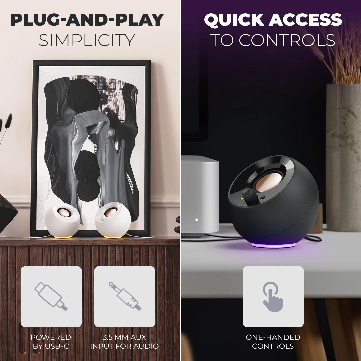 CREATIVE Pebble SE Minimalistyczny głośnik PC 2.0 zasilany USB-C z oświetleniem RGB, wejście AUX 3,5 mm, moc RMS do 4,4 W do komputerów i laptopów (biały)