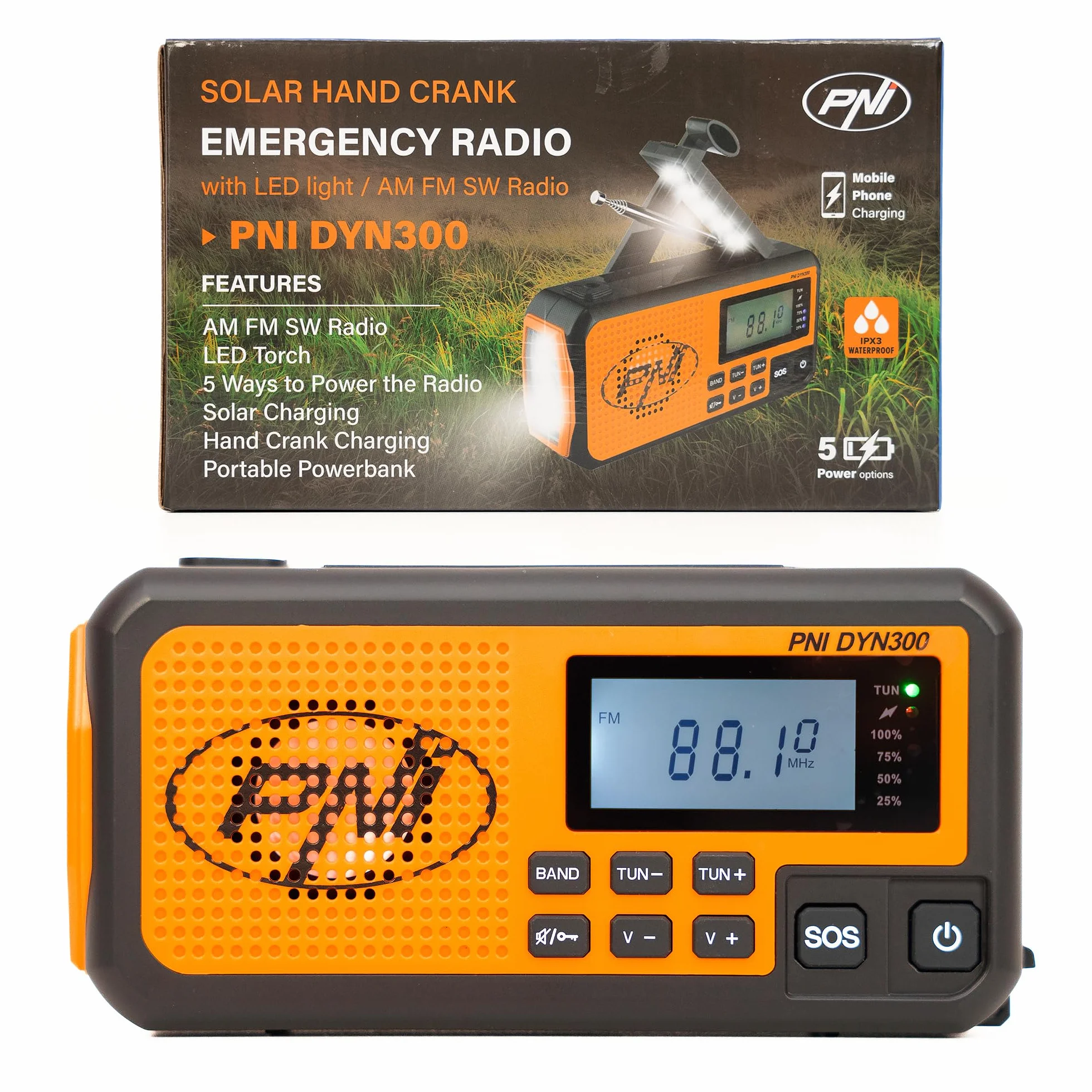 PNI DYN300 przenośne radio z dynamo, ładowanie słoneczne, latarka, power bank 4000 mAh, SOS, IPX3, pomarańczowe