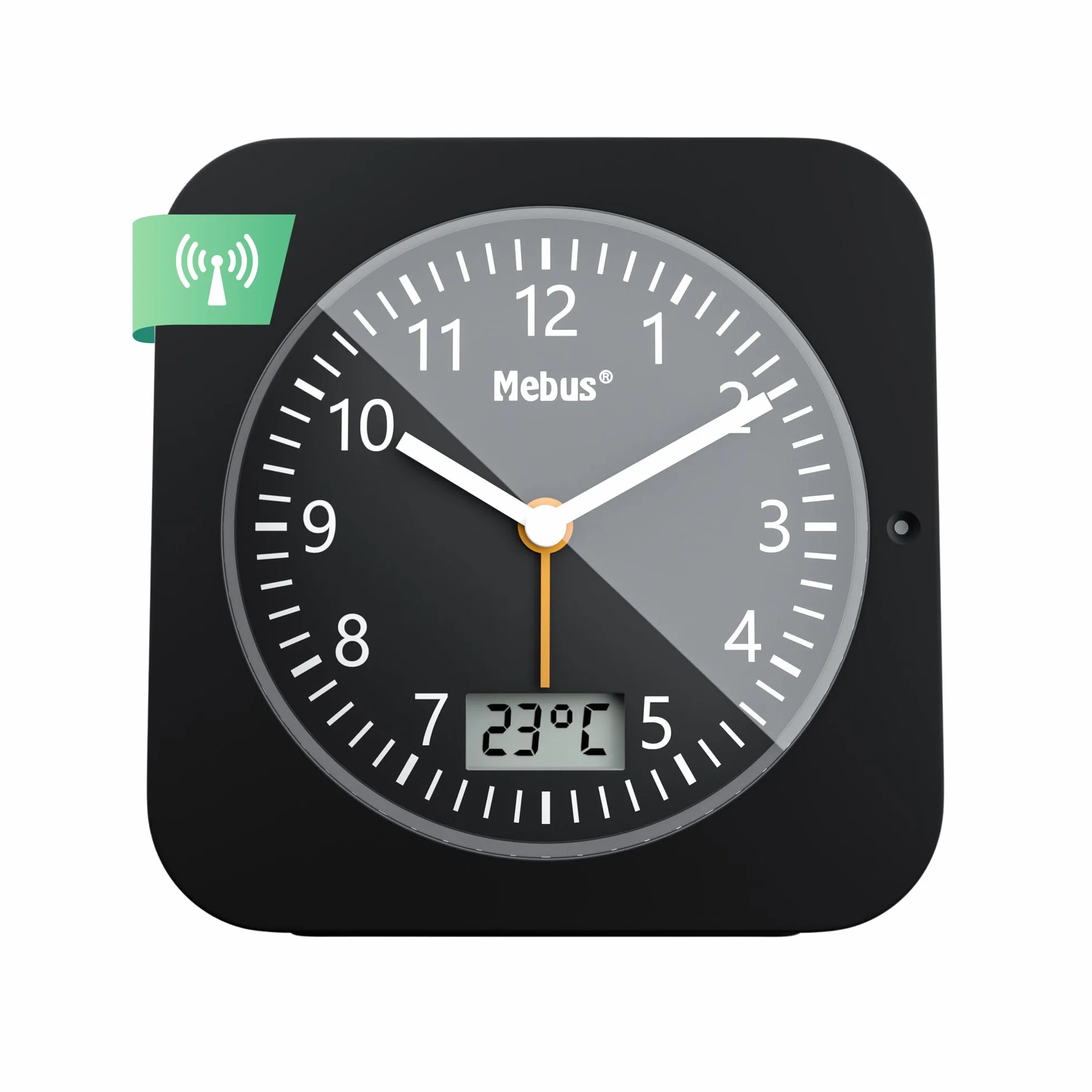 MEBUS Funk-Wecker mit Thermometer/Datumsanzeige, Schlummerfunktion, großes Display/Quadratisch/Hintergrundbeleuchtung/Farbe: Schwarz/Modell: 25609