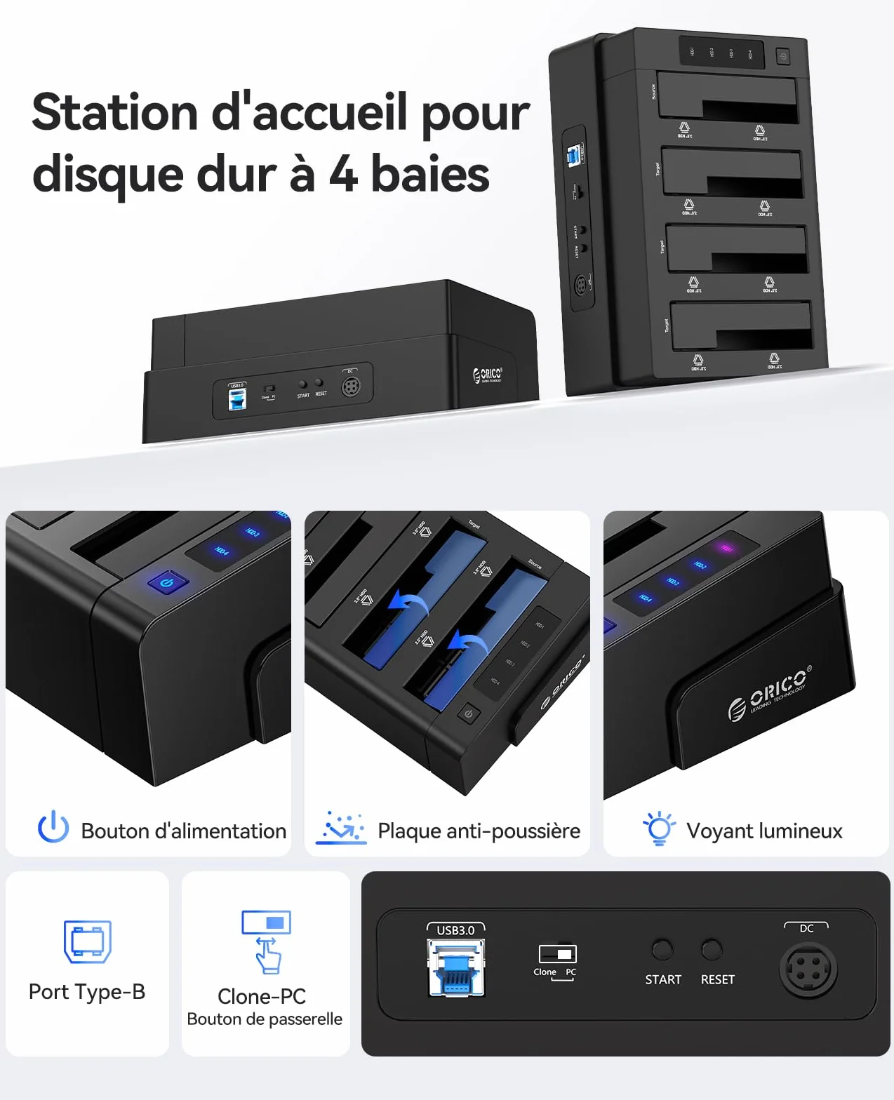 ORICO Stacja do dysków twardych USB 3.0 do SATA, offline klon, 4 gniazda, obudowa 2,5 i 3,5 cala SATA HDD/SSD, 4X 16 TB, zasilacz 12 V 6,5 A (6648US3-C)
