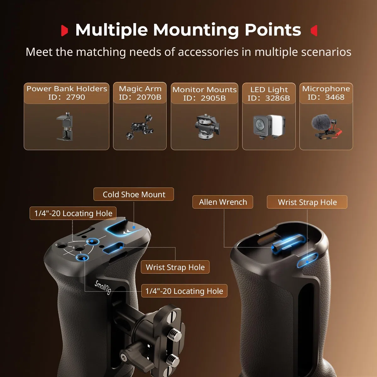SMALLRIG Aluminum Camera Side Handle with NATO Clamp, Universal Ergonomic Side Handgrip with Bulit-in 1/4"-20 Locating Hole, Strap Hole, Cold Shoe, 36mm Vertical Adjustment, NATO Rail Included - 5952