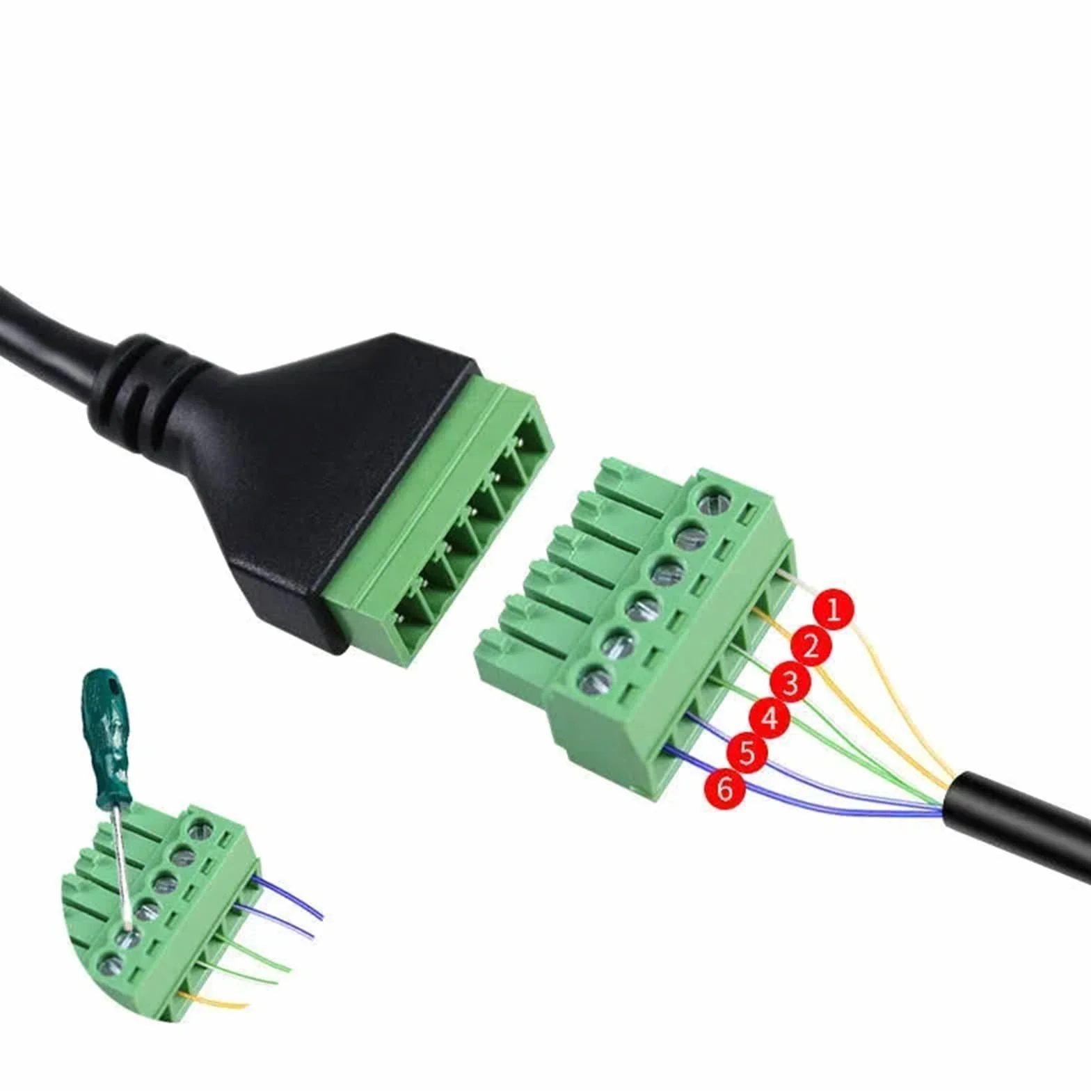 2 sztuki wtyków RJ12 na 6 pinów, blok zacisków śrubowych, adapter do telefonu Cat3, kabel przedłużający RJ12 6P6C na 6-biegunowy kabel telefoniczny, do komputera stacjonarnego, cyfrowych DVR