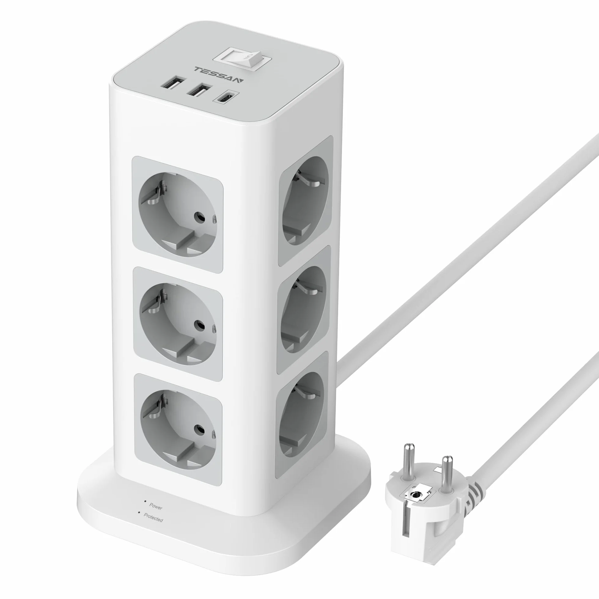 TESSAN Listwa zasilająca 12 gniazd USB C 2 m 3600 W Ochrona przed przepięciem