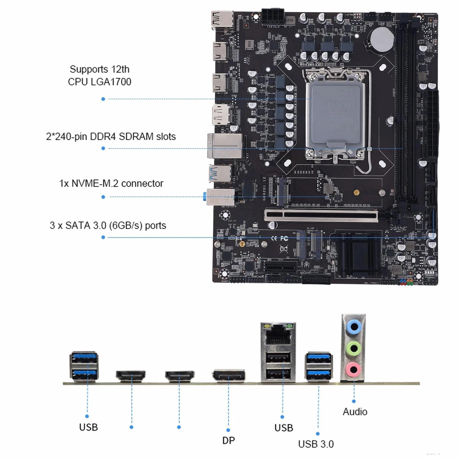 Płyta Główna H610 Gaming, DDR4 M.2 NVME Gaming Mainboard lub I3 I5 I7 I9 12th 13th 14th Gen, PCI Express 16X, SATA3.0 2.0, DP HDMI RJ45, Obsługuje NGFF i NVME