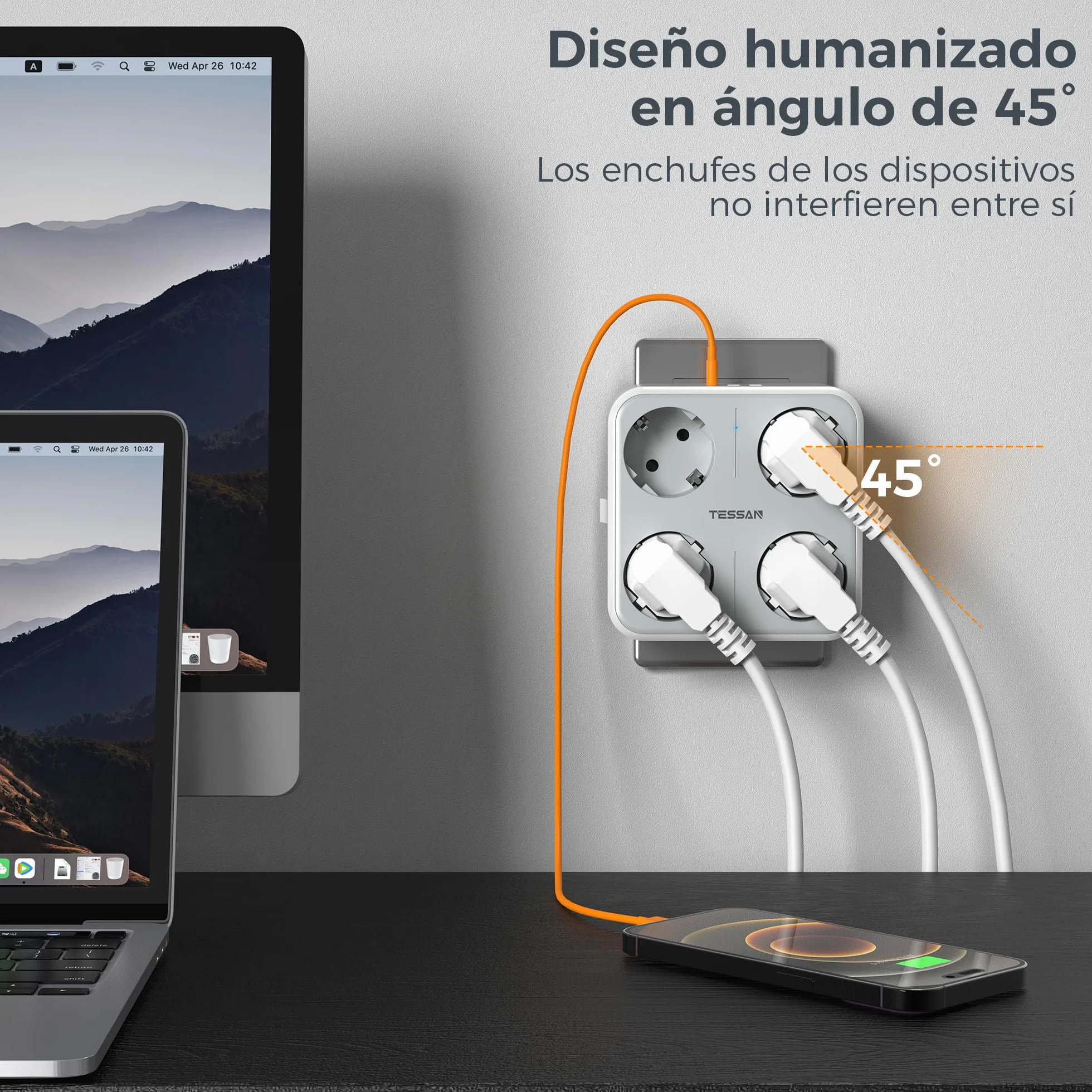 TESSAN Gniazda USB C, Wiele Gniazd 4 Gniazda Schuko z 1 USB C i 2 USB A, do Gniazd 4000 W, Gniazdo USB 7 w 1 do Biura, Kuchni, Gniazdo ścienne Szare