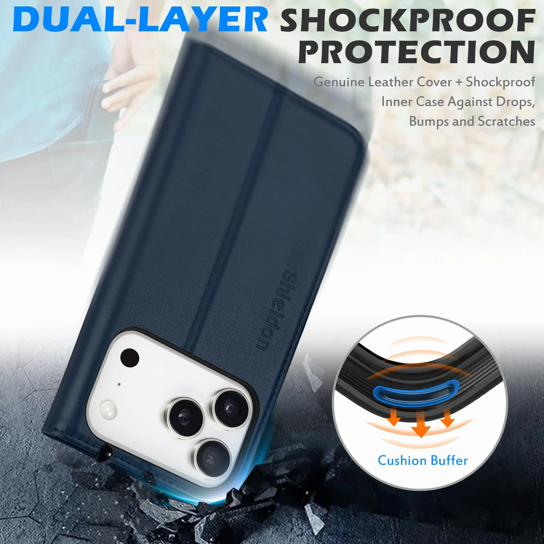 SHIELDON Etui do iPhone 17 Pro 6,3" 5G 2025 Skórzany Portfel RFID Magnetyczne Folio Granatowy