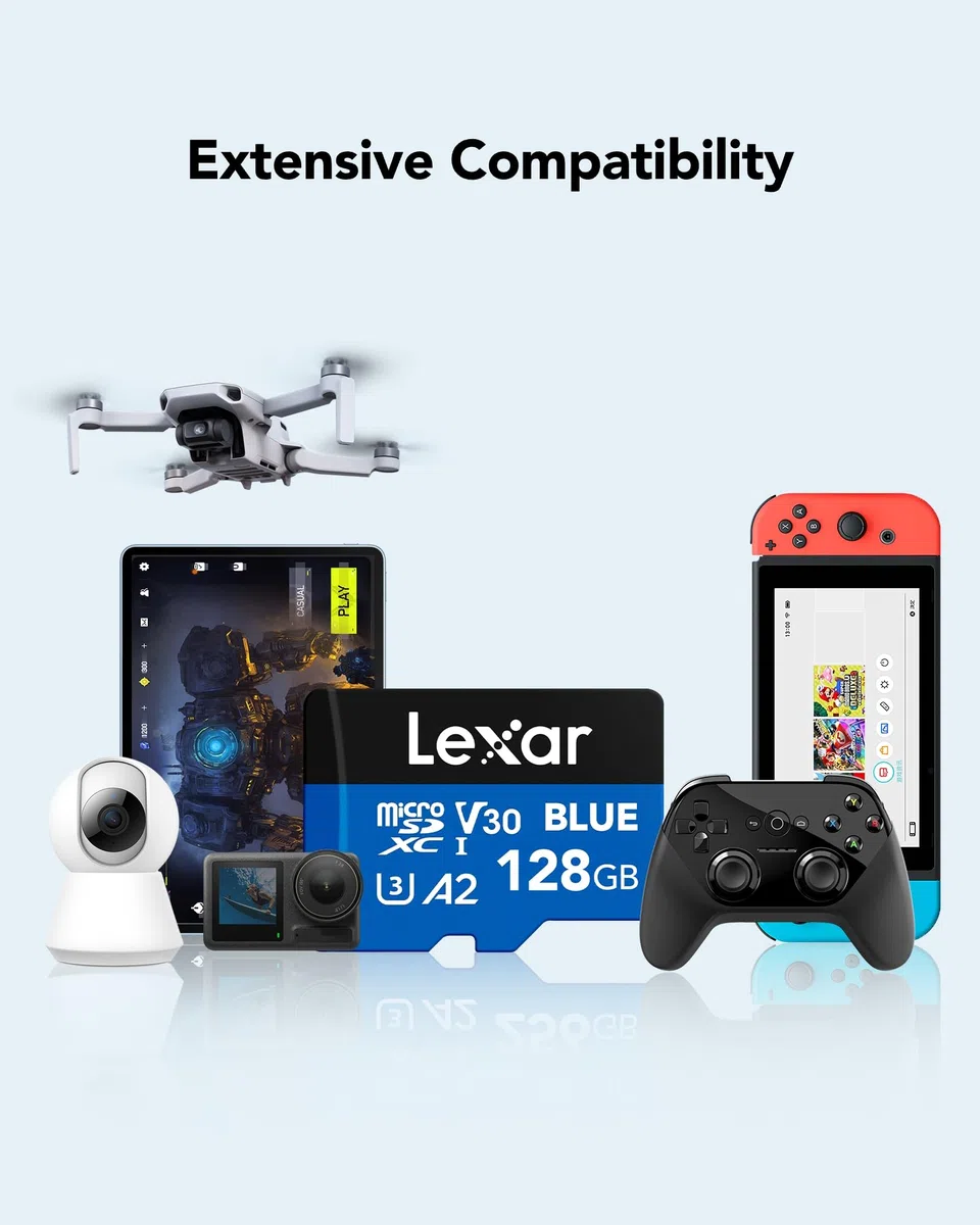 Lexar Niebieska karta micro SD 128 GB, odczyt do 160 MB/s, karta microSDXC UHS-I, klasa 10, U3, V30, A2, wideo Full-HD i 4K, szybka karta pamięci do smartfonów, tabletów, kamer sportowych